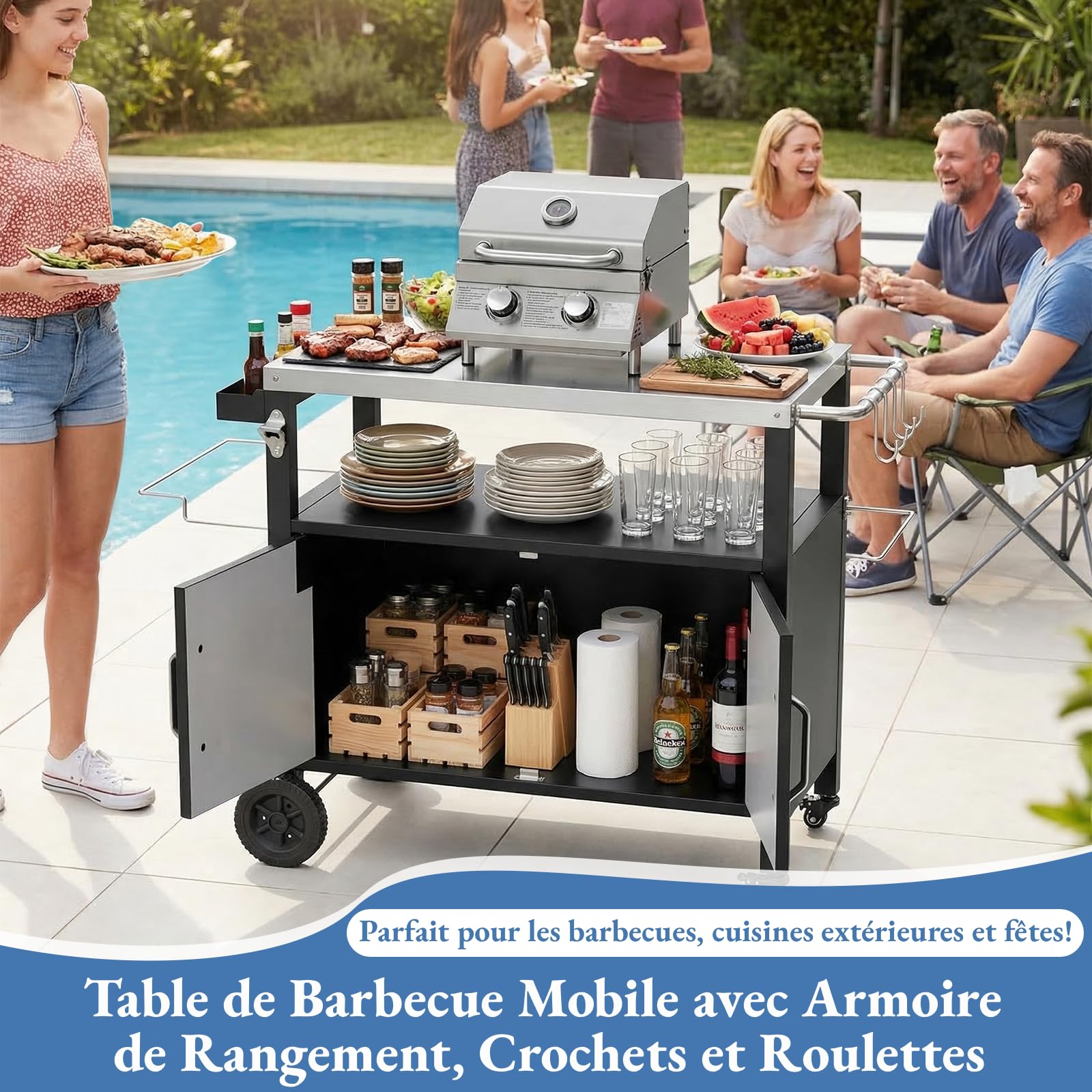 TLSUNNY Chariot de Barbecue en Acier Inoxydable, Desserte Extérieure Plancha 3 Niveaux avec Porte d'Armoire, Table de barbecue avec 4 Roulettes, pour Jardin Terrasse Balcon Camping, 112 x 51 x 82,5 cm