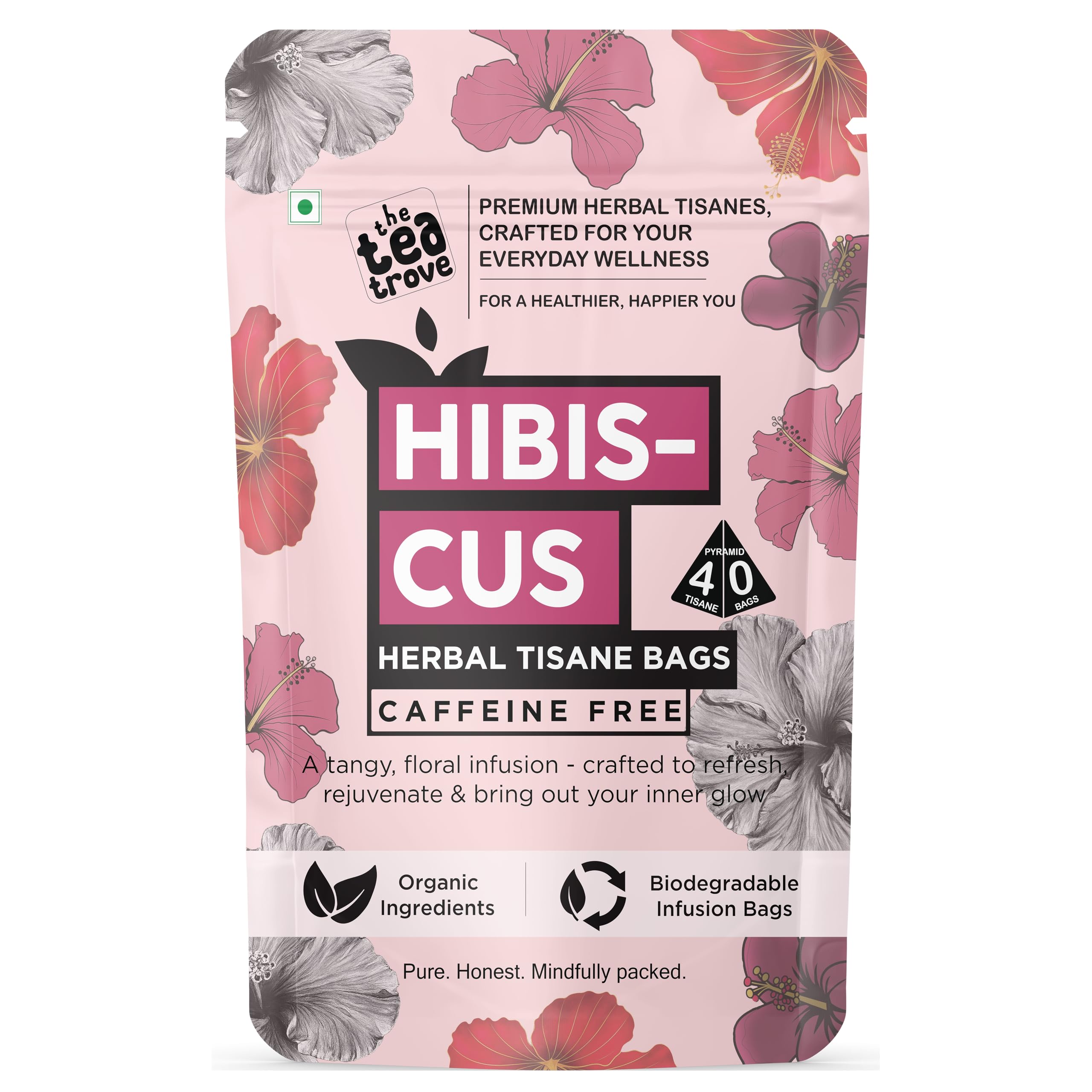 the tea trove Organic Hibiscus Tea Leaves Bags - 40 Eco-Friendly Hibiscus Flower Tea Bags In Resealable Pouch - Caffeine Free | Pack Of 1, 60 Grams