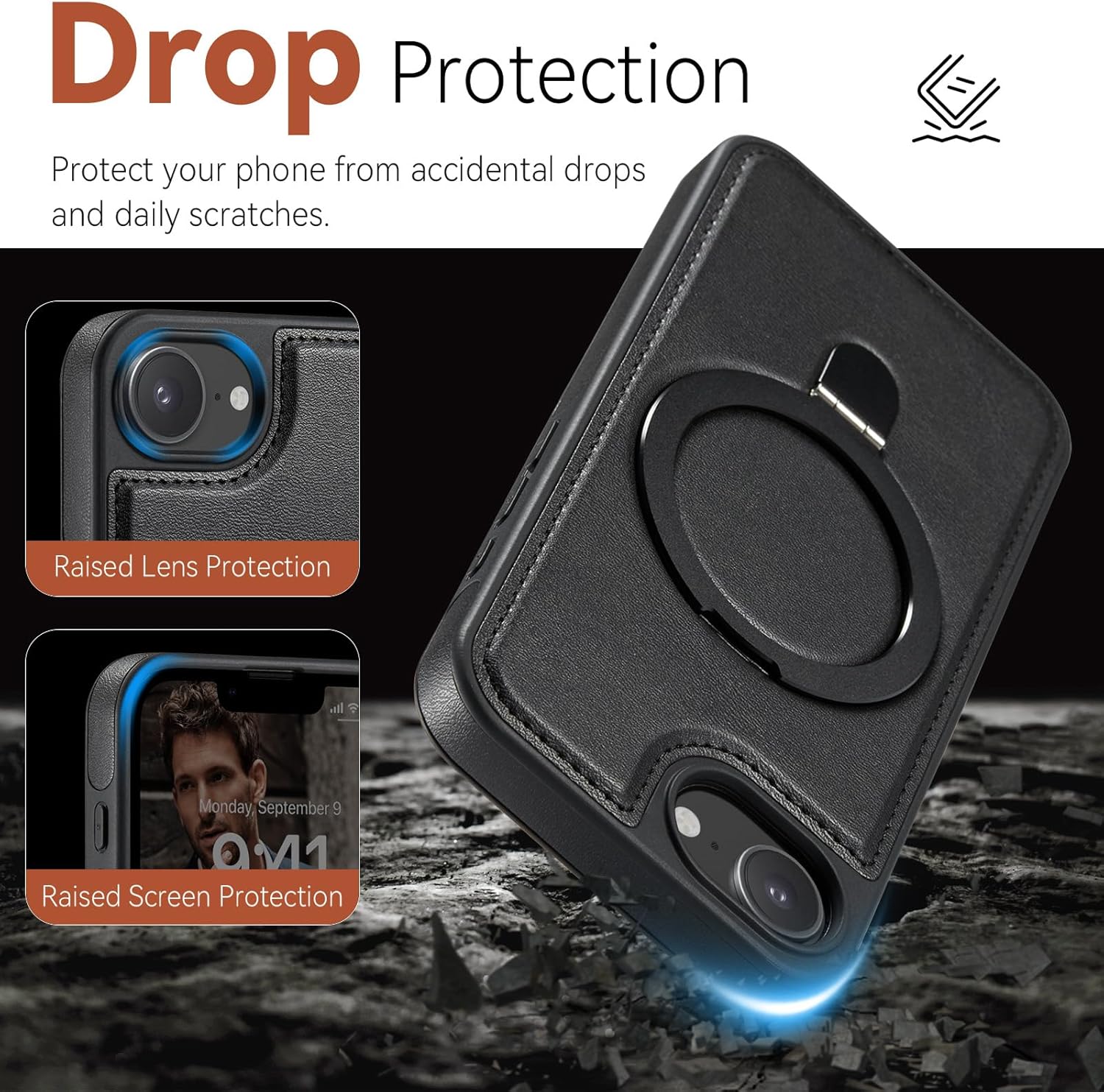 for iPhone 17e / iPhone 16e Case with Stand Compatible with Magsafe Slim PU Leather & Durable TPU Drop Proof Magnetic Kickstand Phone Cover with Tempered Glass Screen Protector 6.1", Black