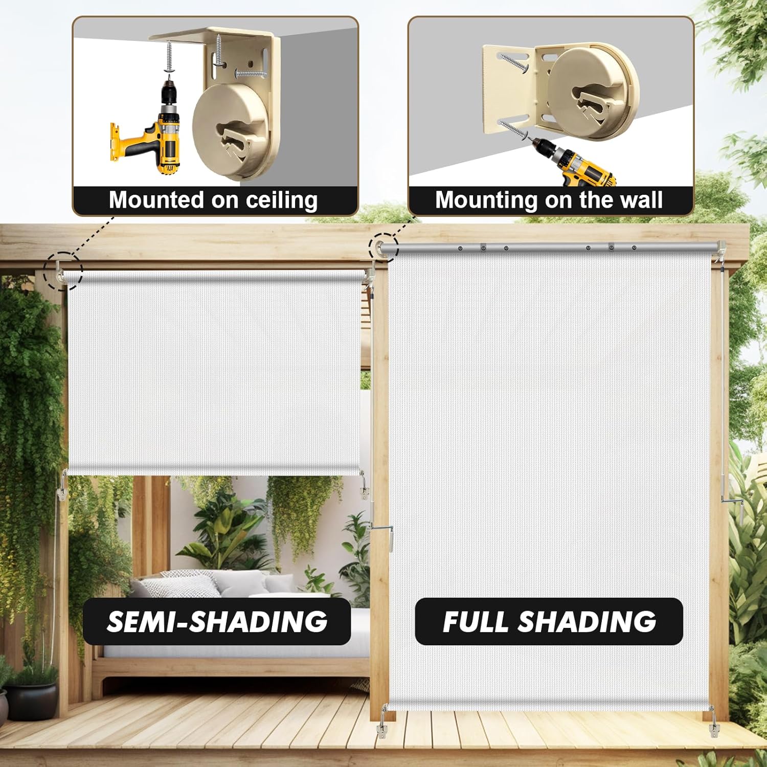Artpuch Outdoor Roller Shade 10' W x 8' H, White Exterior Cordless Patio Roll Up Blinds with Spliced Pole Design, One-Piece HDPE Fabric