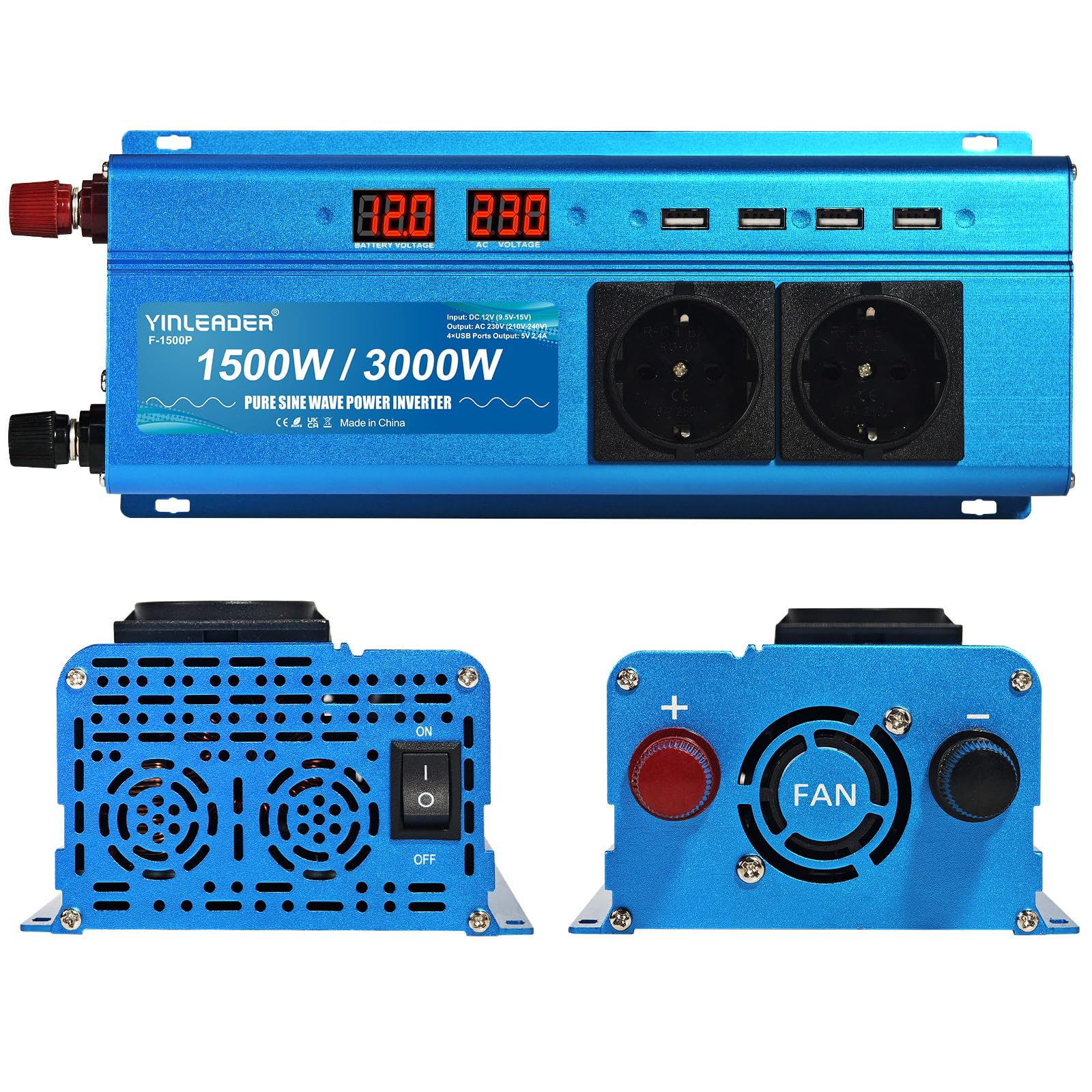 Yinleader 1500W 3000W Pure Sine Wave Power Inverter DC 12V to AC 220V 230V with 2 AC Outlets 4 USB Ports for Car Truck Camper