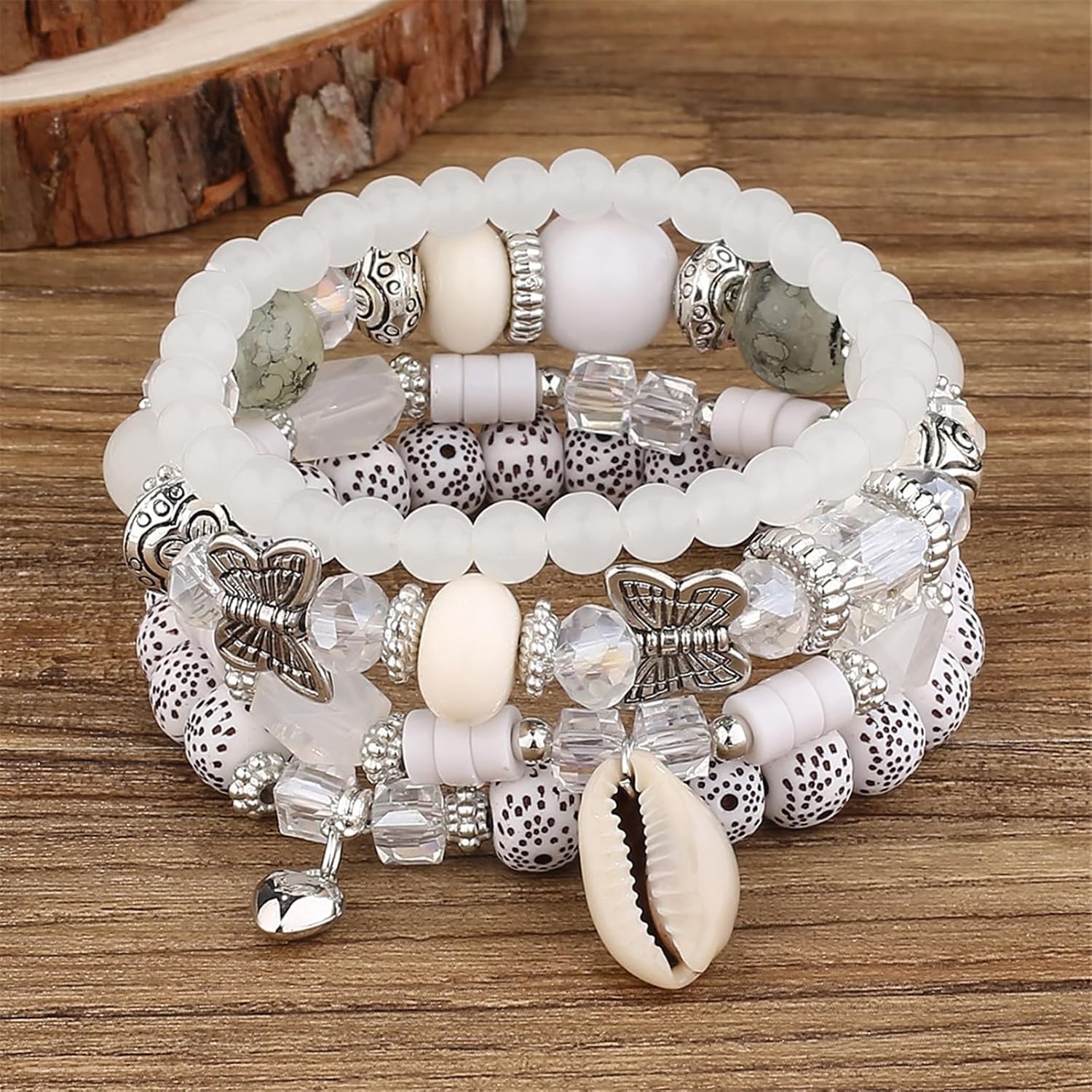 4Pcs Set Bohemian Butterfly Crystal Stone Stretch Pendant Bracelets for Women Gold Beaded Stackable Stretch Bracelet Colorful Charm Jewelry Boho Summer Beach - Image 2