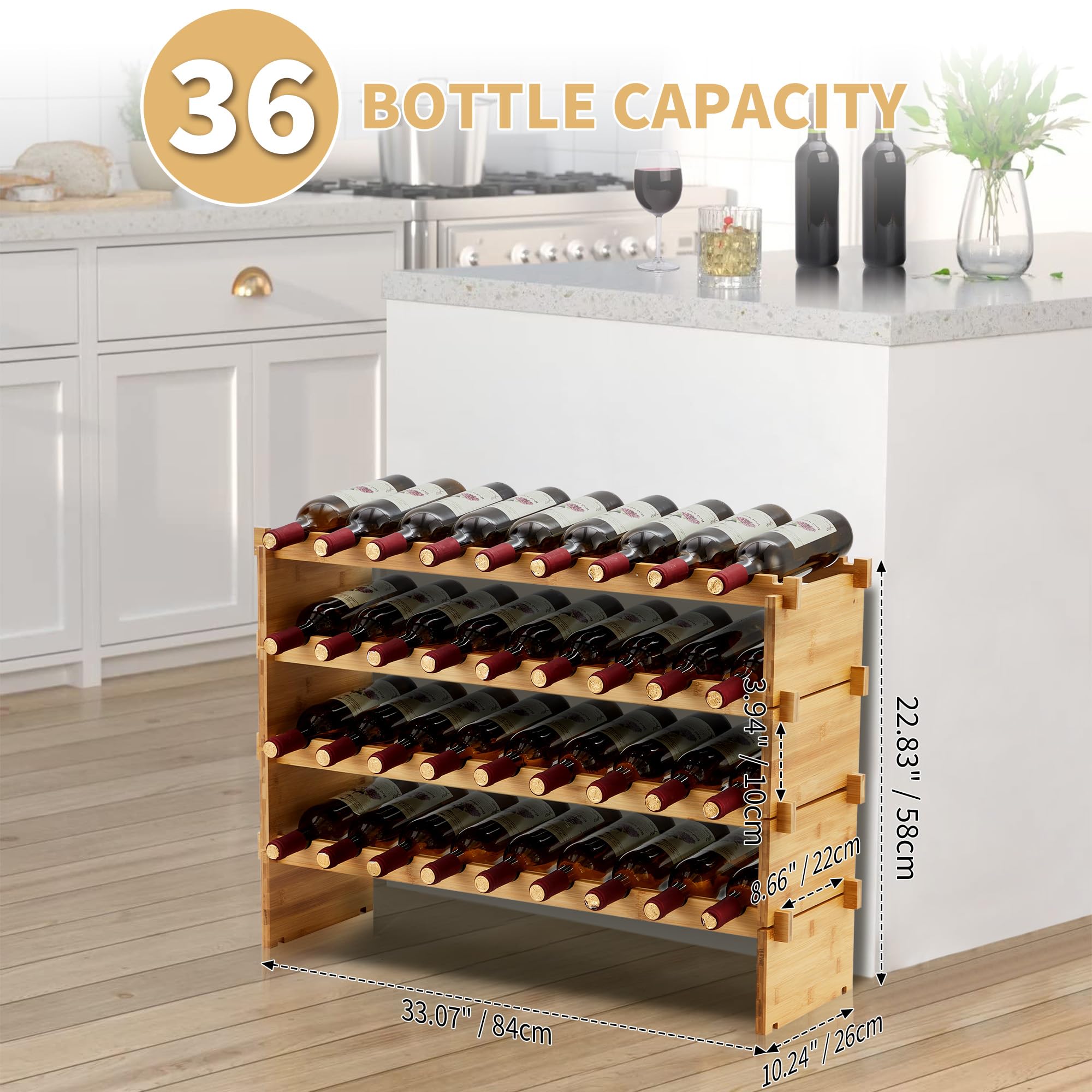 GarveeHome Weinregal Wein Regal Bambus Stapelbar Flaschenregal Flaschenständer AA-Qualität Ohne Schrauben, Platzsparend Für Keller, Bar, Küche & Esszimmer