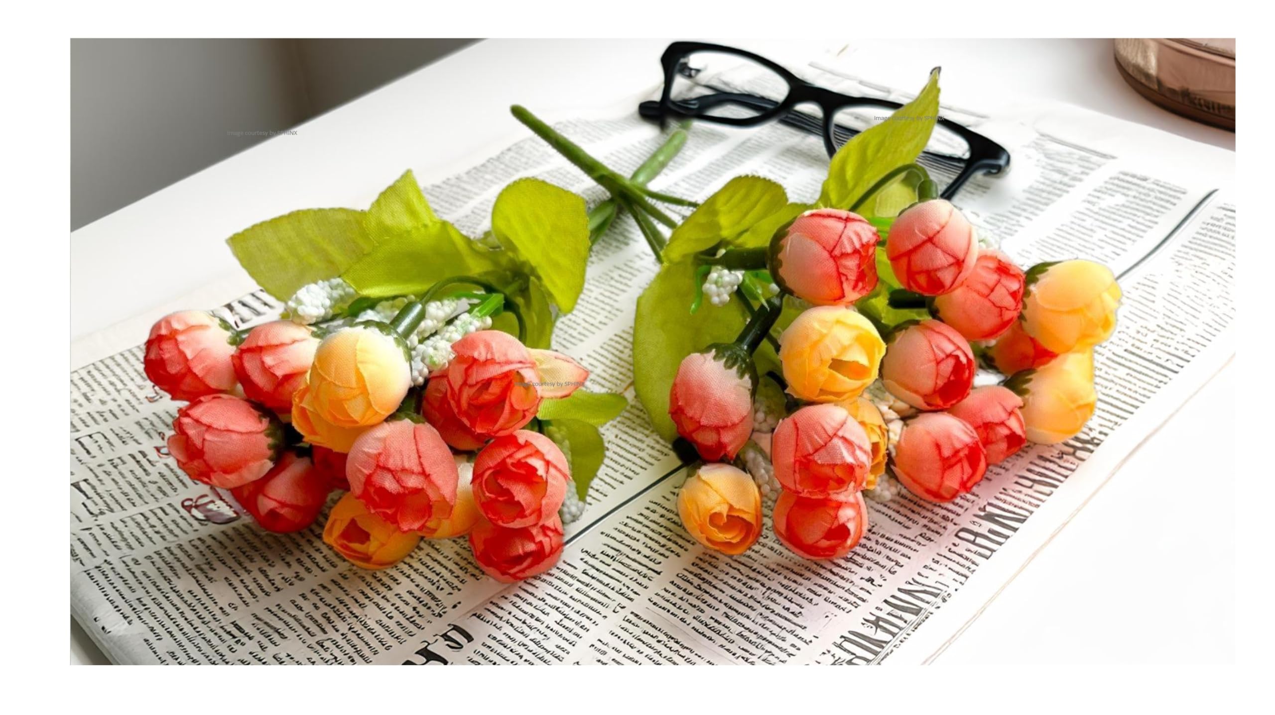 SPHINX Artificial Peony Flower Small Bunches (22cm, 15 Heads) for vase or Table Decor. Ideal for Living Rooms, Offices, Restaurants, Valentine’s Day (No vase)- (2, Orange Dual Tone)