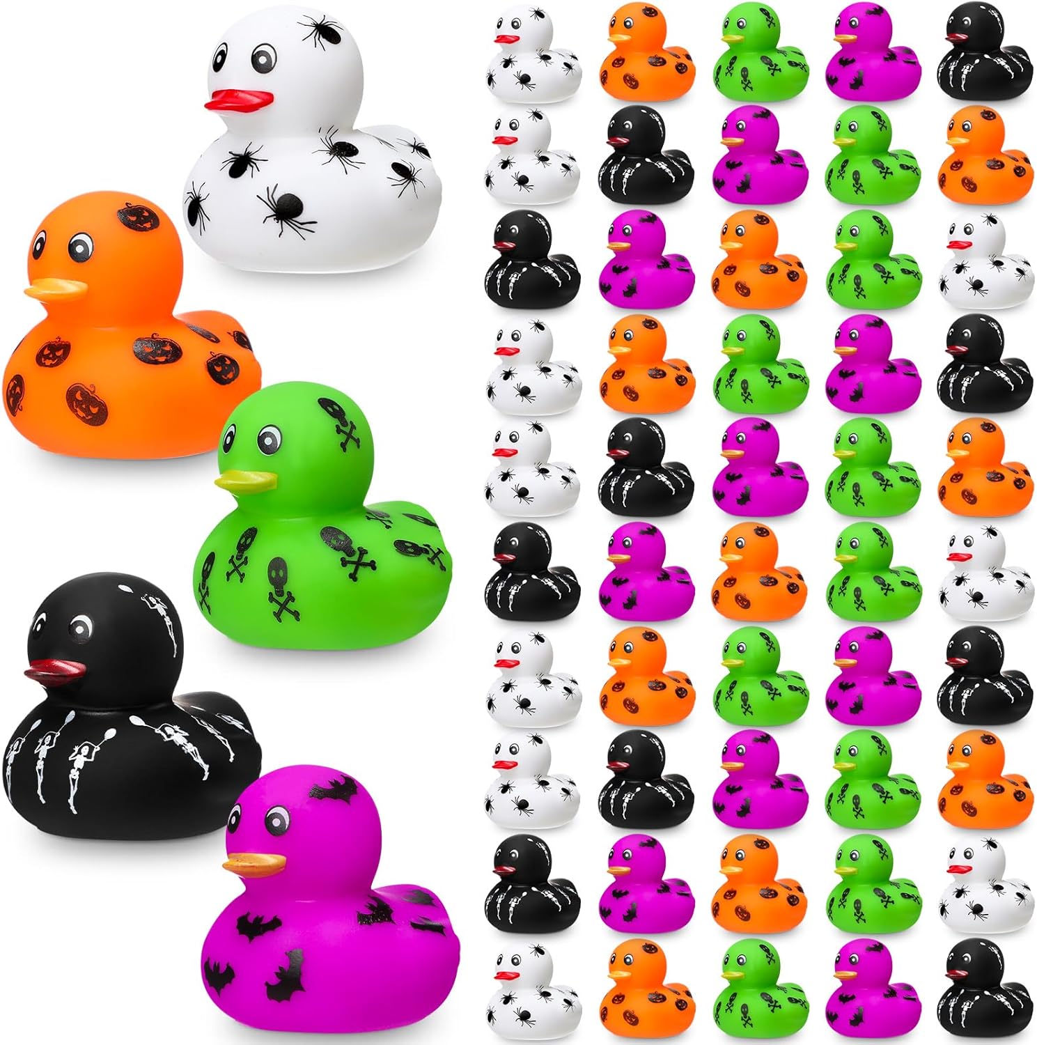Wettarn 60 Pcs Halloween Rubber Ducks 2 Inch Mini Rubber Duckies Halloween Bath Toys Ghosts Pumpkins Skeletons Bats Spiders Bathtub Toys for Trick or Treat Goodie Bag Fillers Party