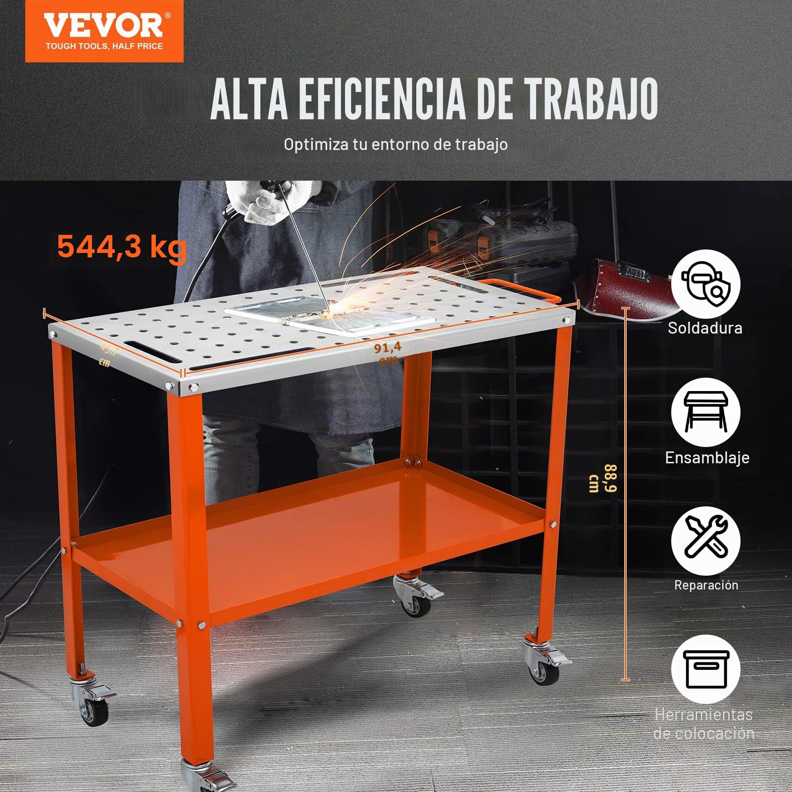 VEVOR Mesa de Soldadura de 91,4 x 45,7 cm Banco de Trabajo de Soldadura Carga de 544 kg de Acero sobre Ruedas con Freno, 2 Niveles 4 Ranuras de Herramientas, Orificios para Fijaciones de 1,6 cm