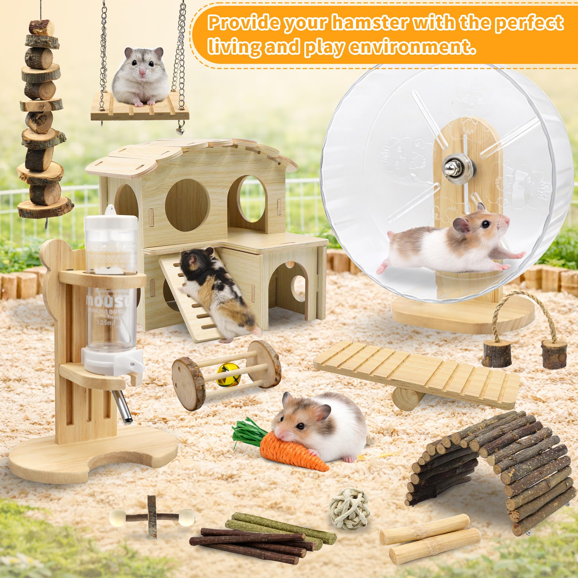 20 accesorios para jaula de hámster, rueda silenciosa de hámster de 9.45 pulgadas, juego de juguetes para masticar, casa de madera y botella de agua con soporte para chinchillas, conejos, conejillos