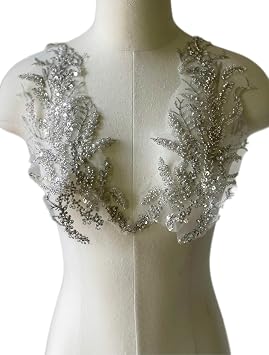 Beaded Applique, Flower Sequin Patch, Silver Applique for DIY Neckline Wedding Bridal Prom Dresses Costumes 14.1x4.9 inches 1 Pair Silver