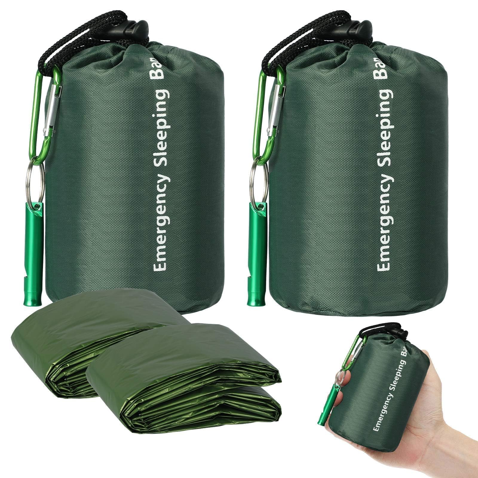 EEEKit Notfall Schlafsack, 2 Stück Wasserdicht Überlebenssack, Thermo Notfalldecken, Tragbare Mylar Überlebensausrüstung mit Pfeife für Camping Wandern (Grün)