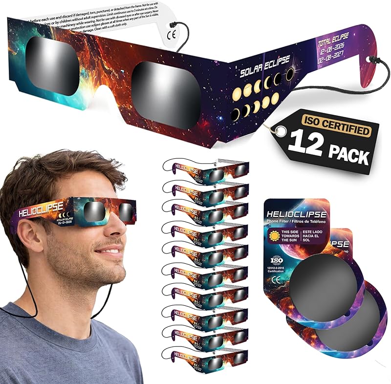 Helioclipse - Lot de 12 Lunettes Éclipse Solaire ISO 12312-2 - Lunette Éclipse Solaire Certifiée pour Éclipse de Soleil Totale ou Partielle - Bonus 2x Filtre pour Téléphone
