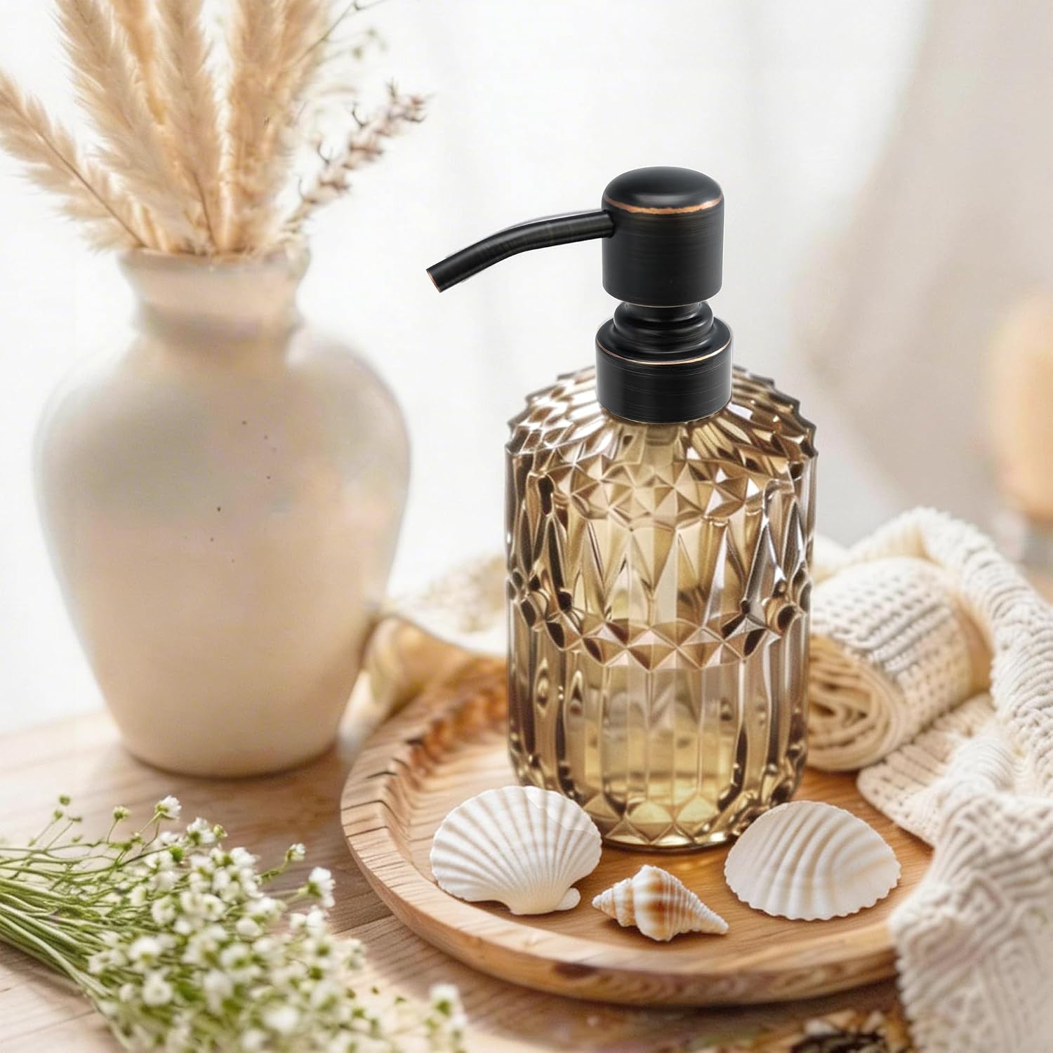 Brown Glass Soap Dispenser with Rust Proof Stainless Steel Pump, Crystal Lotion Dispensers for Kitchen, Amber Bathroom Glass Soap Dispensers with Oil Rubbed Bronze Pump