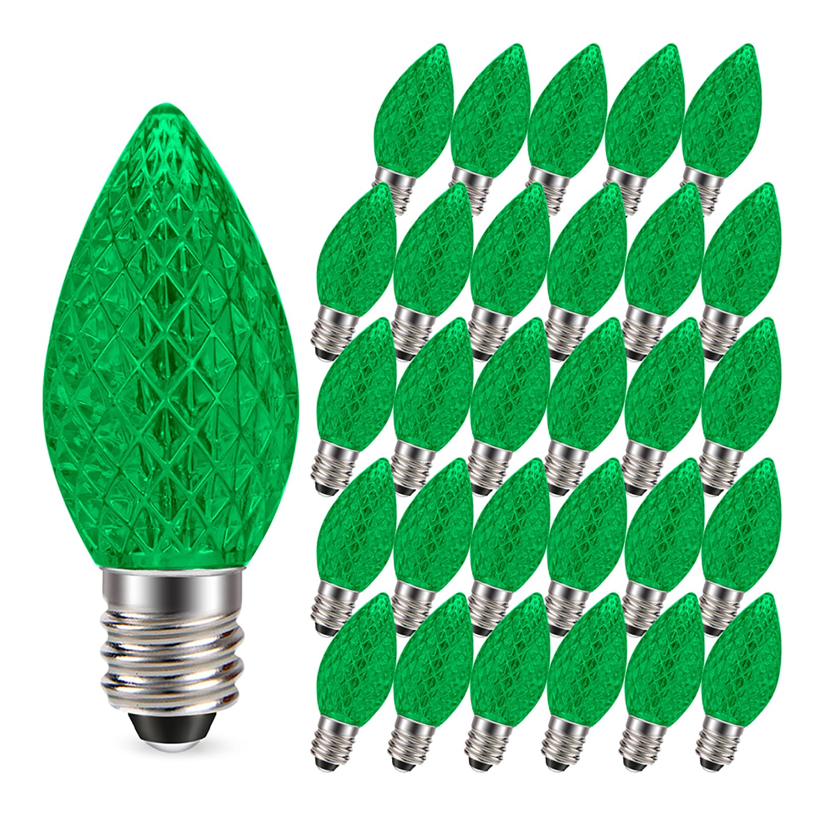 Ruiandsion 30 PCS C7 LED Christmas Green Replacement Bulbs, Diamond Faceted Shatterproof PC Cover, 0.6W 220V E12 Candelabra Base for Indoor & Outdoor Decorative