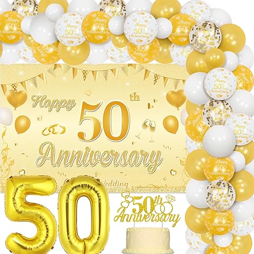 Decoraciones doradas de aniversario de boda del número 50 kit de arco de globos dorados y blancos con telón de fondo, decoración de pastel, globos