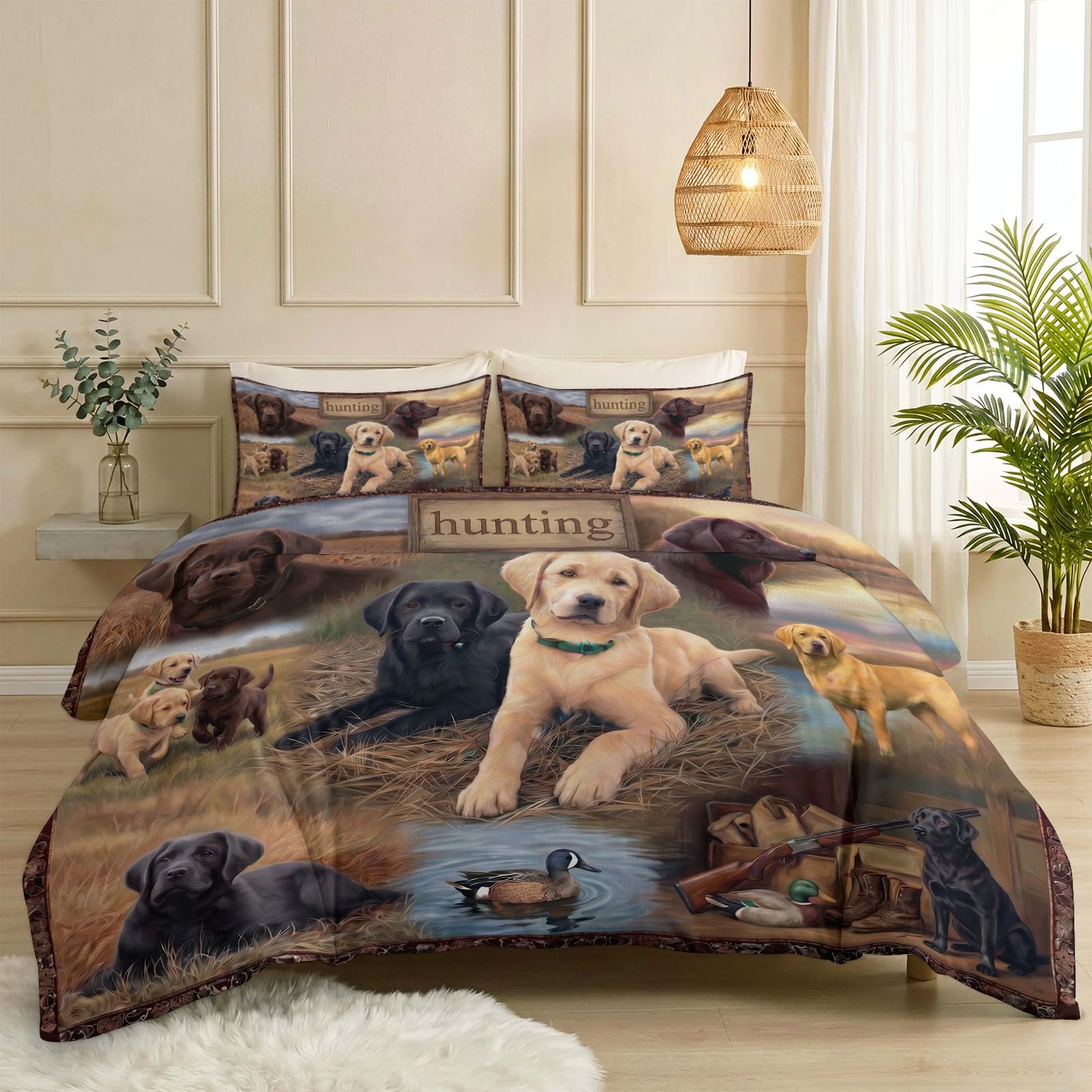 Funda nórdica vintage pastoral con diseño de labrador para dormitorios rústicos de campo