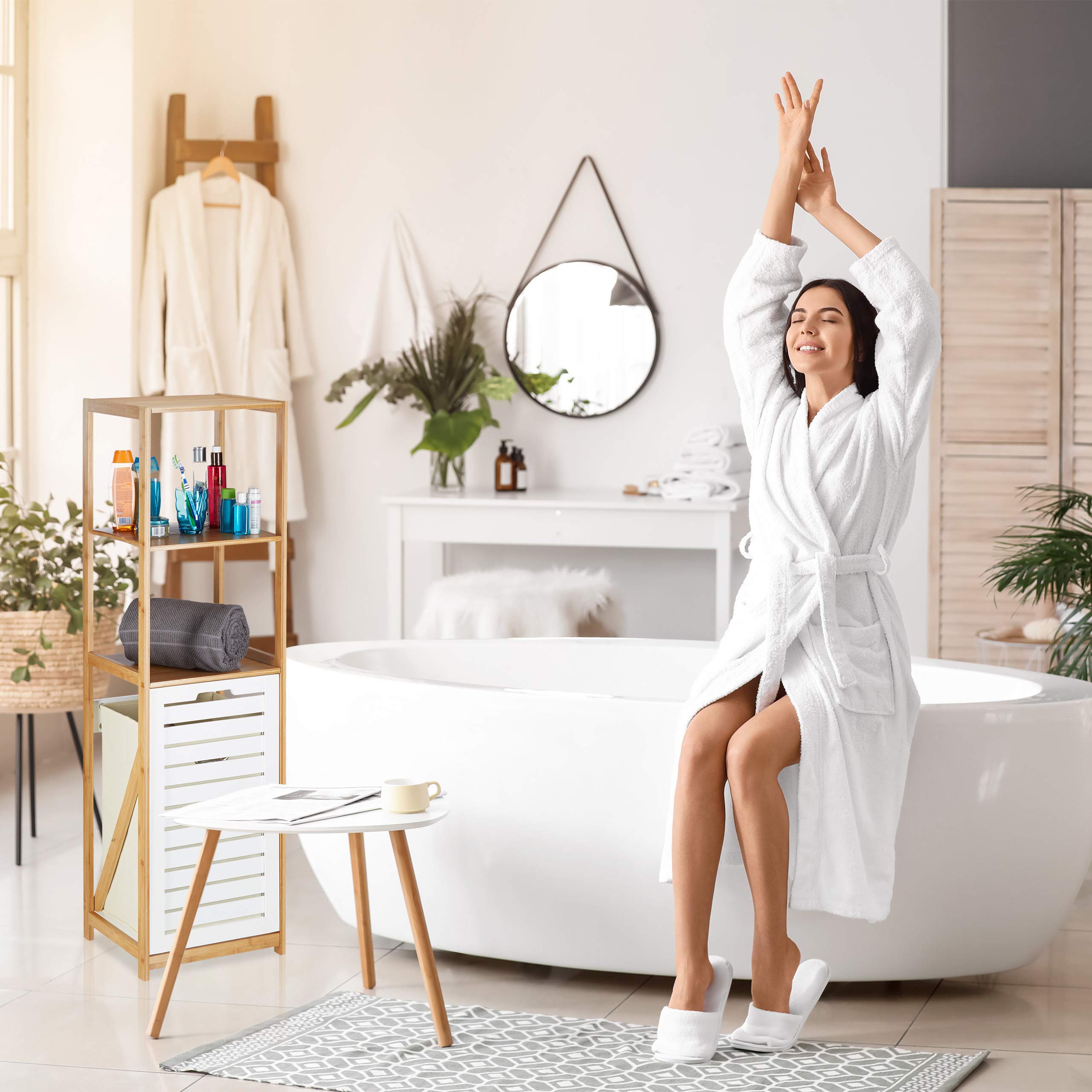 Relaxdays Scaffale a Colonna per il Bagno con Cestino Portabiancheria, Bambù, 3 Ripiani, HxLxP 130 x 37 x 33 cm, Marrone