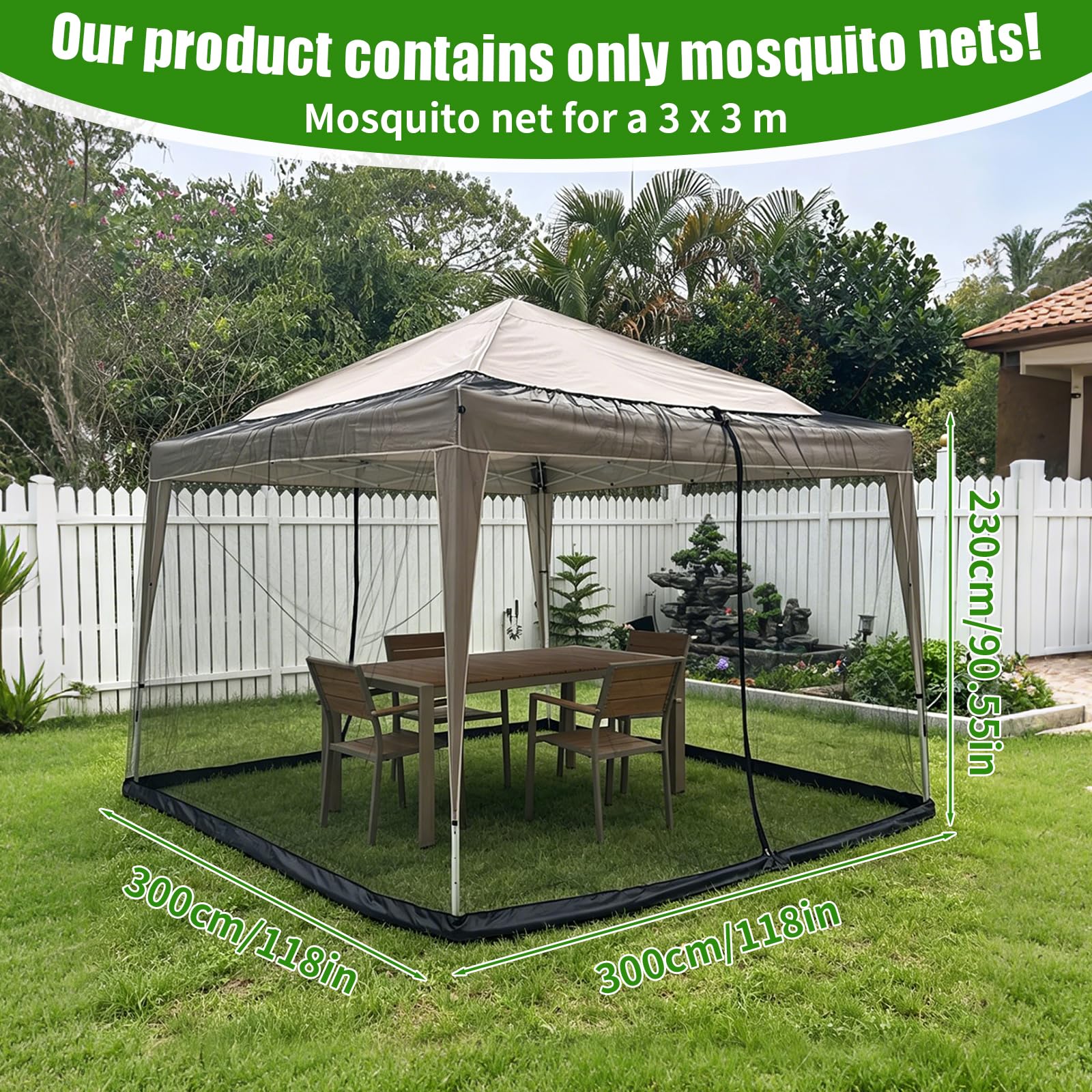 Moustiquaire pour tonnelle - 3 x 3 m - Noir - Filet anti-insectes - 2 fermetures éclair - Réglable - Maille fine - Pied rempli d'eau - Pour jardin, patio, cour, camping