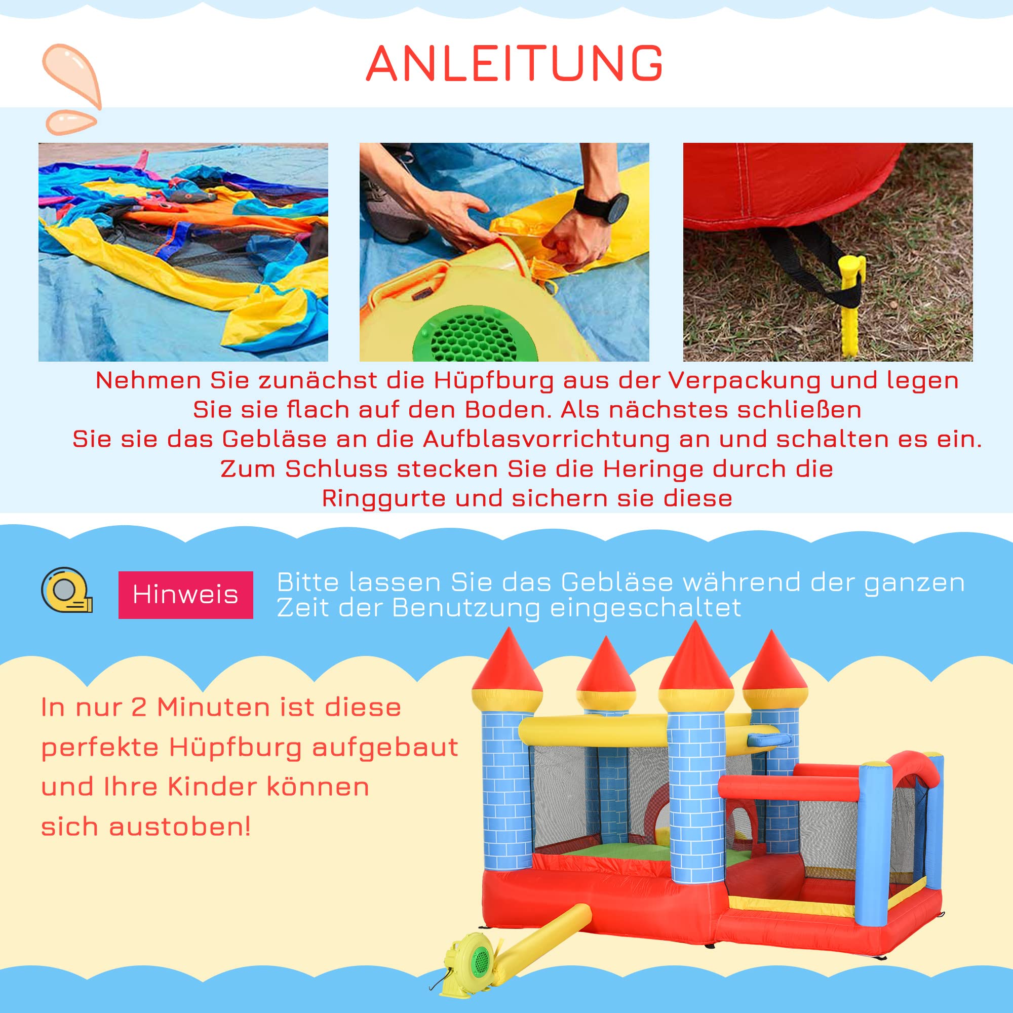 Outsunny Hüpfburg mit Gebläse Aufblasbare Kinderhüpfburg 280 x 260 x 210 cm | Für Kinder 3-8 Jahre, Spielburg mit Rutsche Basketballkorb Trampolin Pool Planschbecken, Spielplatz für Indoor und Outdoor