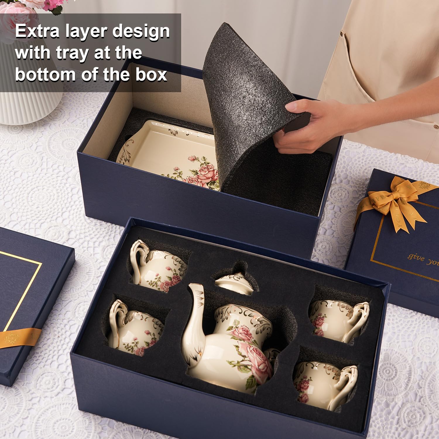 YOLIFE Porcelain Tea Set Vintage Rose, Tea Cups with Teapot, Serving Tray and Teaspoon Service for 4, Suitable for Tea Party Gifts - Image 8