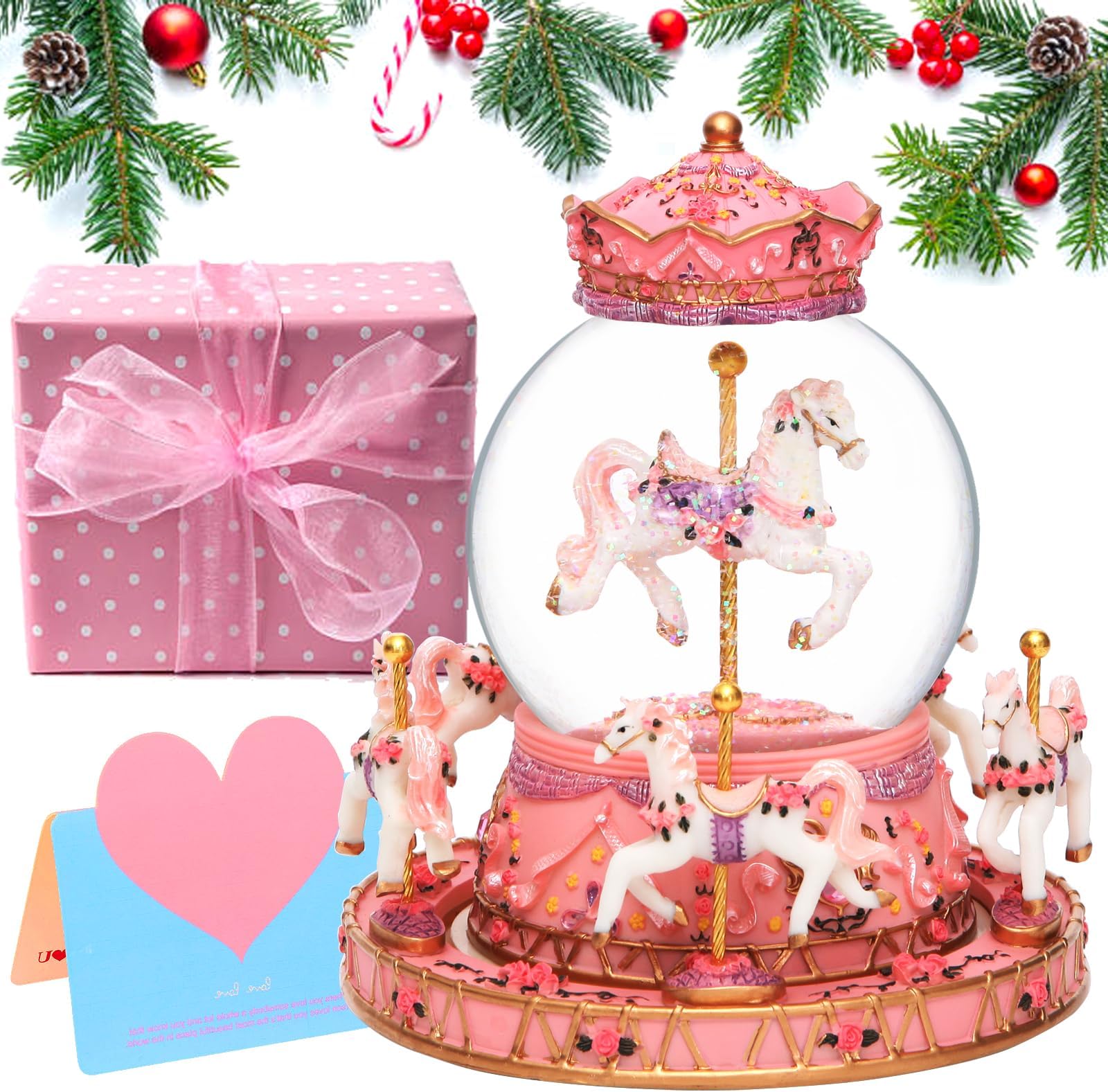 LOVE FOR YOU Gift Wrapped Music Box Carousel Horses Color Lights Unicorn Musical