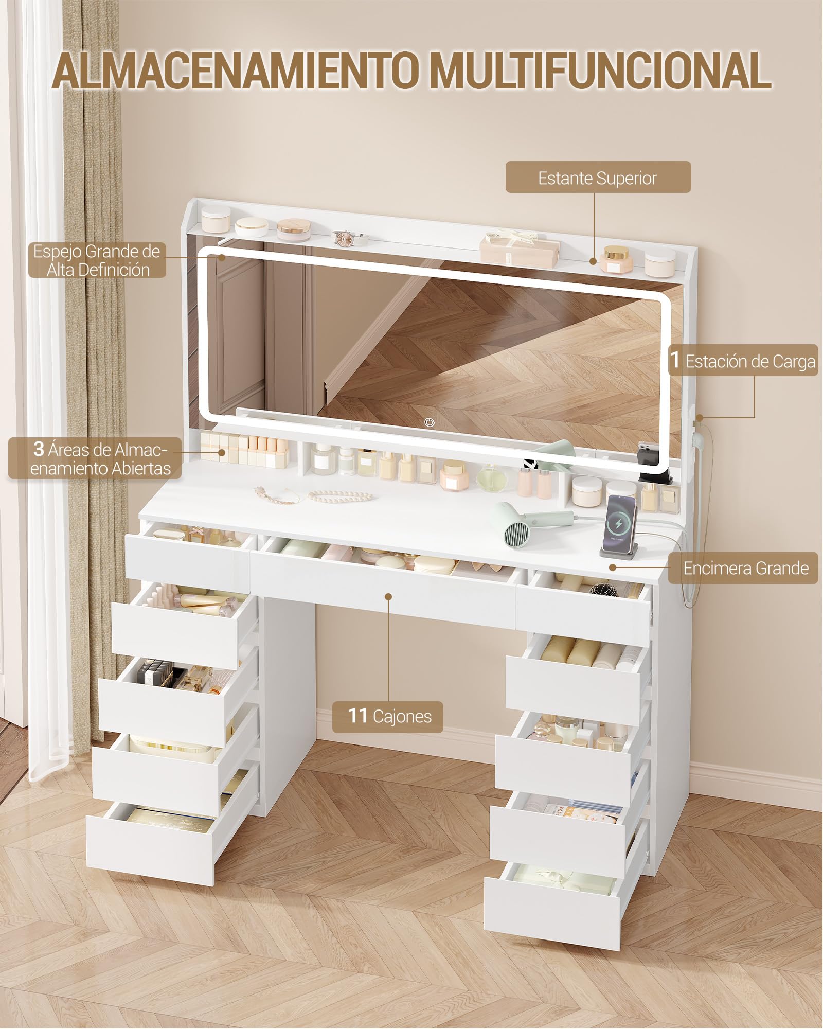 Hzuaneri 108 cm Tocador de Maquillaje, Tocador con Espejo HD Grande, Luces LED Regulables y Enchufes, 11 Cajones, 3 Compartimentos de Almacenamiento y 1 Estante Superior, Blanco DT43003XEU