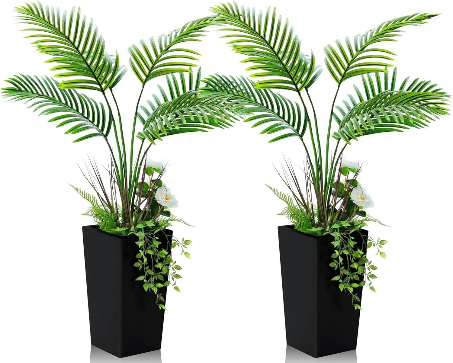 Giegxin 2 Pack Artificial Palm Tree 4ft, 5 Kinds Faux Tropical Areca Plant Indoor with Modern Tall Planter, UV Resistant Floor Fake Plant for Home Office Living Room Decor Indoor(Black)