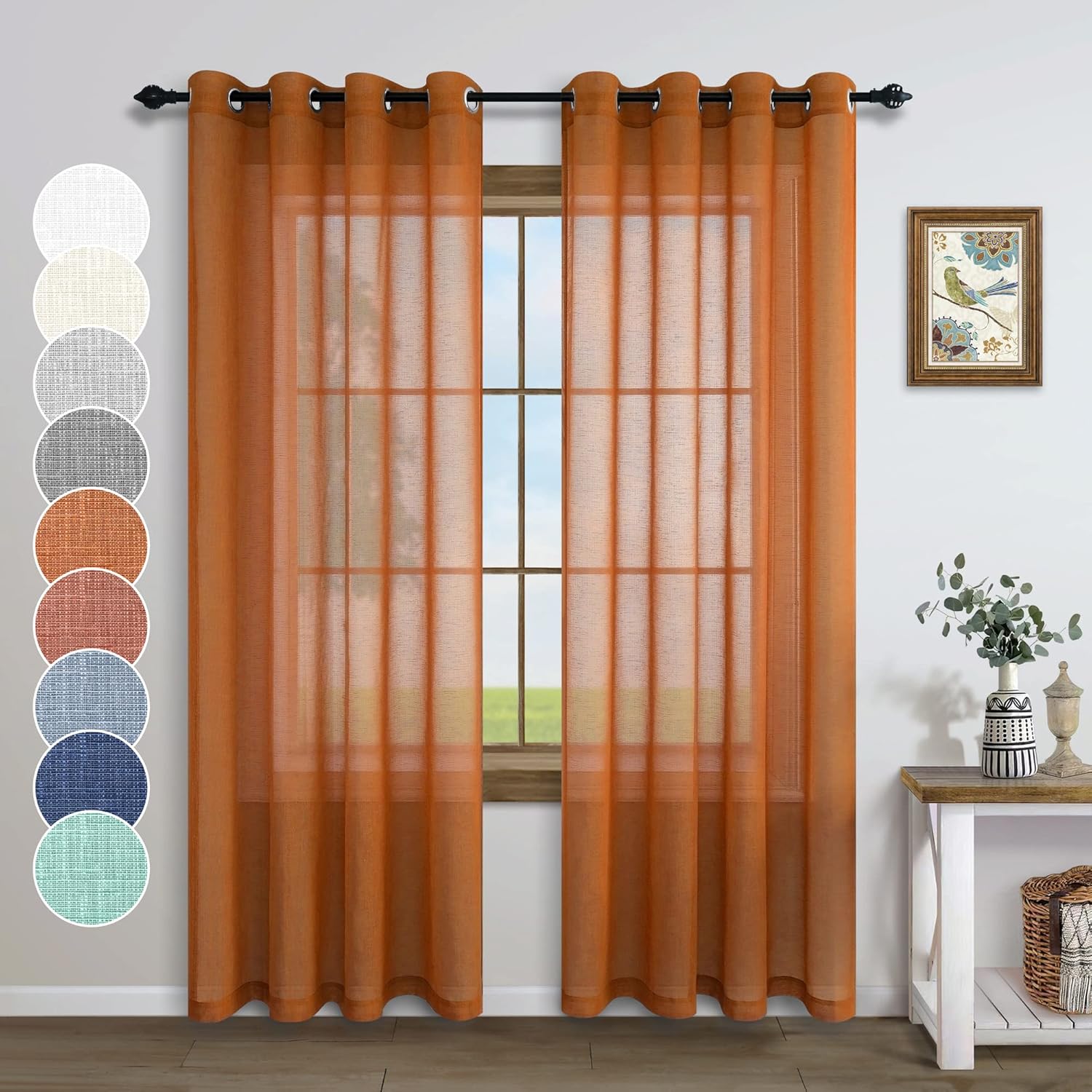 Orange Linen Curtains 84 Inch Length for Bedroom Pair Set