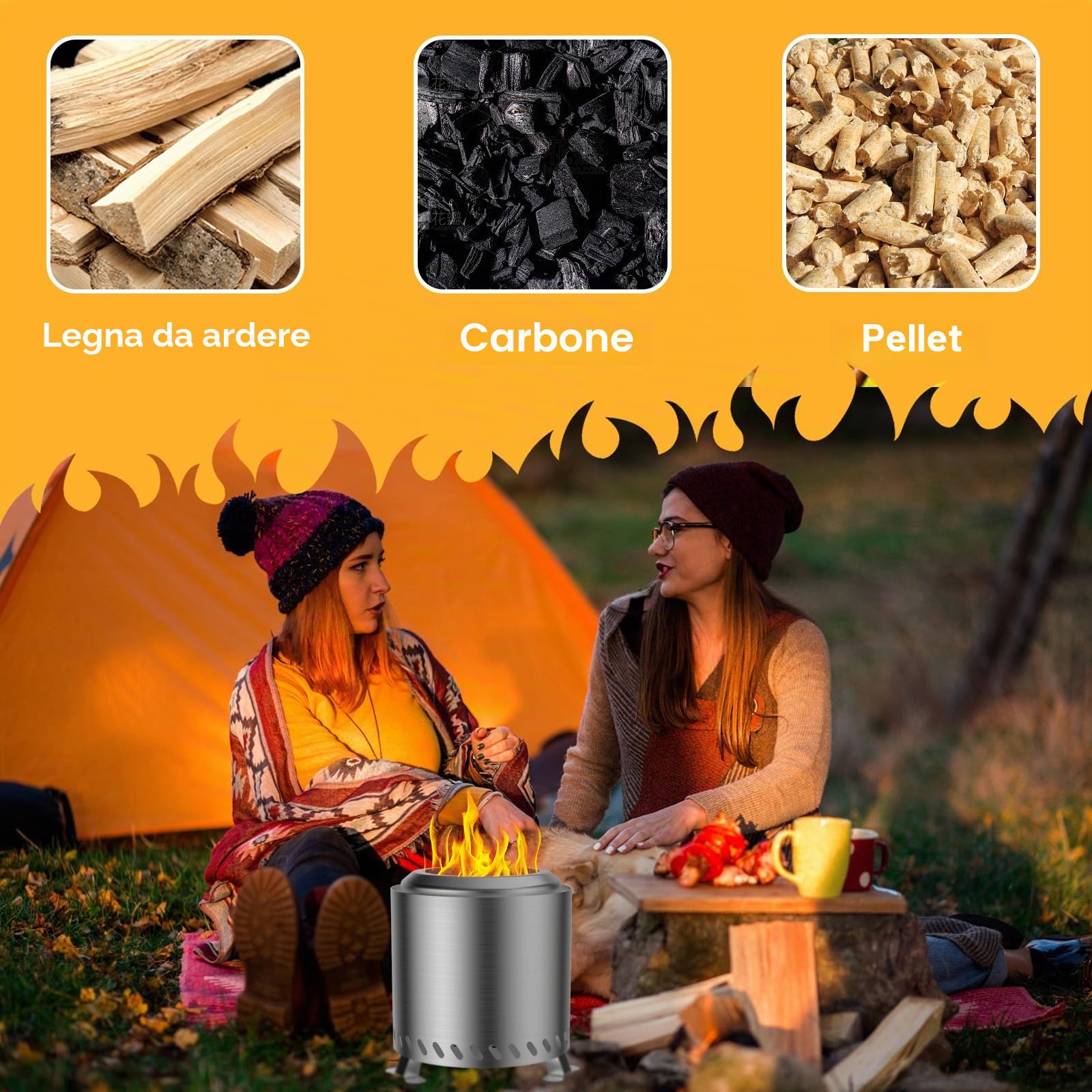 Fillis Braciere per esterni, 22x22x26cm Senza fumo in acciaio inox mini caminetto da tavolo con custodia balcone terrazza e giardino, decorazione ideale per barbecue in legno