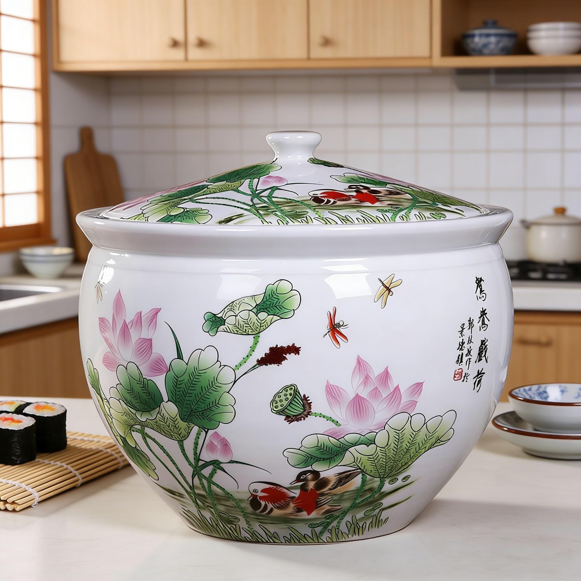 MMleYN 5/10KG Ceramic Rice Bucket With Lid Airtight Grain Dispenser Multi-Purpose Storage Container For Rice Coffee Nuts Snacks Tea Kitchen(J,5kg)