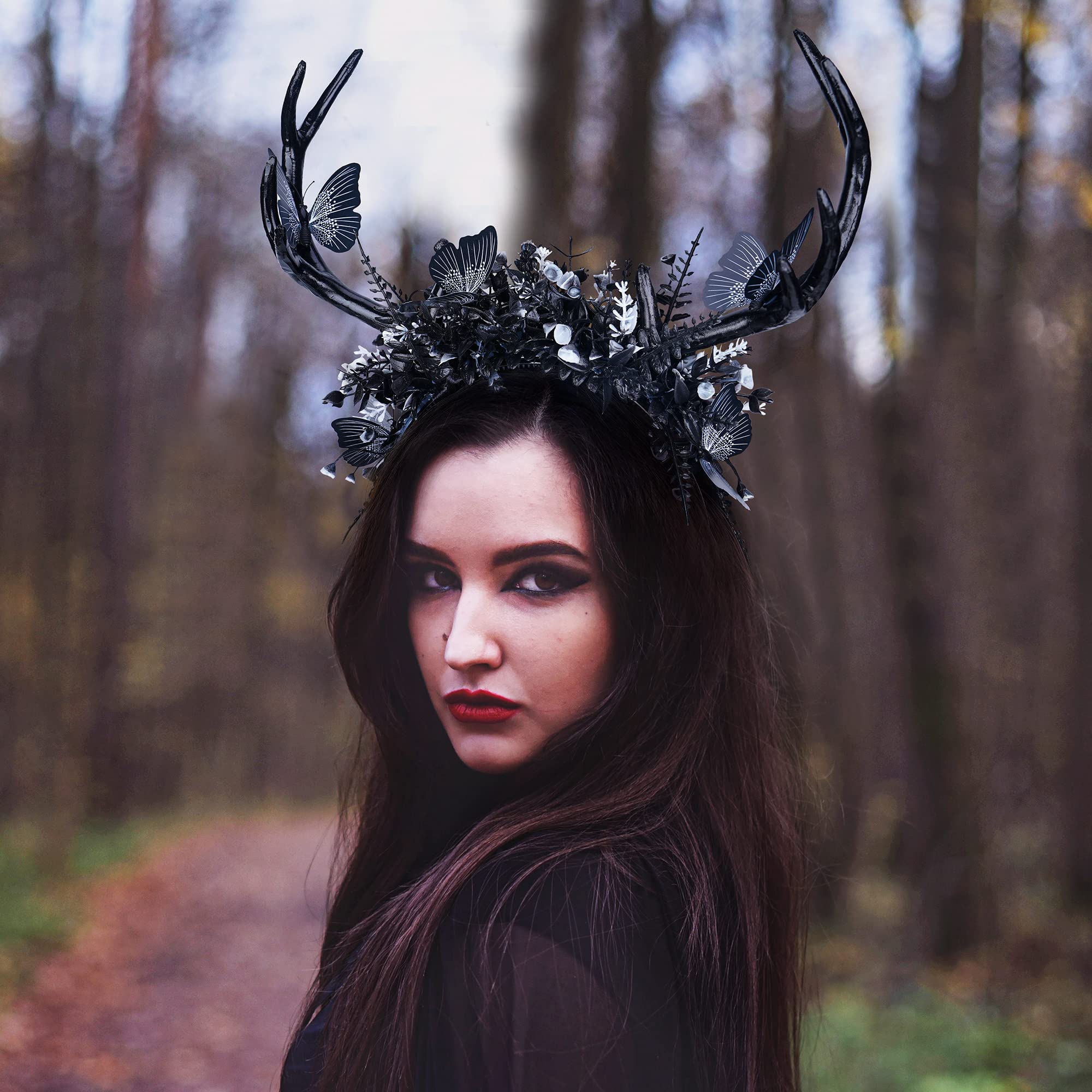 MOSTORY Gothic Antlers Headband for Witch Costume Women Black Headdress with Flower and Butterfly for Halloween Cosplay Renaissance Carnival - Image 3