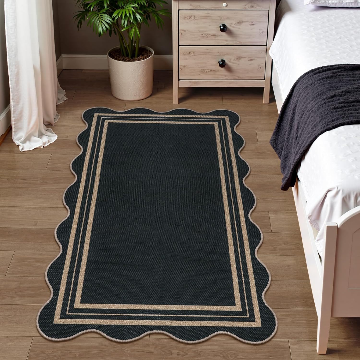 Easy Jute 3x5 Outdoor Patio Rug, Washable Rugs for Entryway Black Modern Indoor Kitchen Rugs, Farmhouse Neutral Non Slip Scalloped Carpet for Living Room Backyard