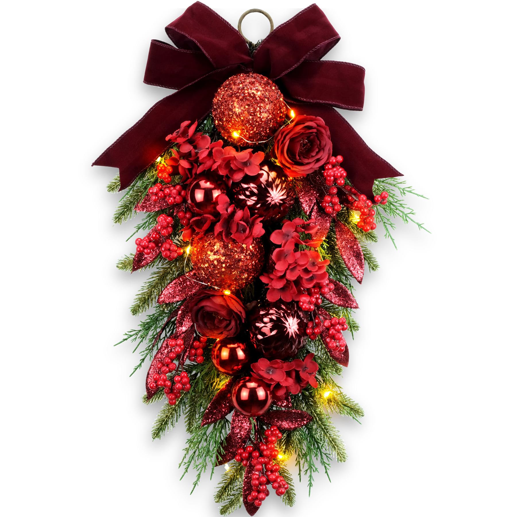 24" Decorative Teardrop Swag, Artificial Christmas Swag with Red Hydrangea & Baubles, Purple Bowknot, Red Berries, Sparkling Leaves, Pine Needles (Red Hydrangea)