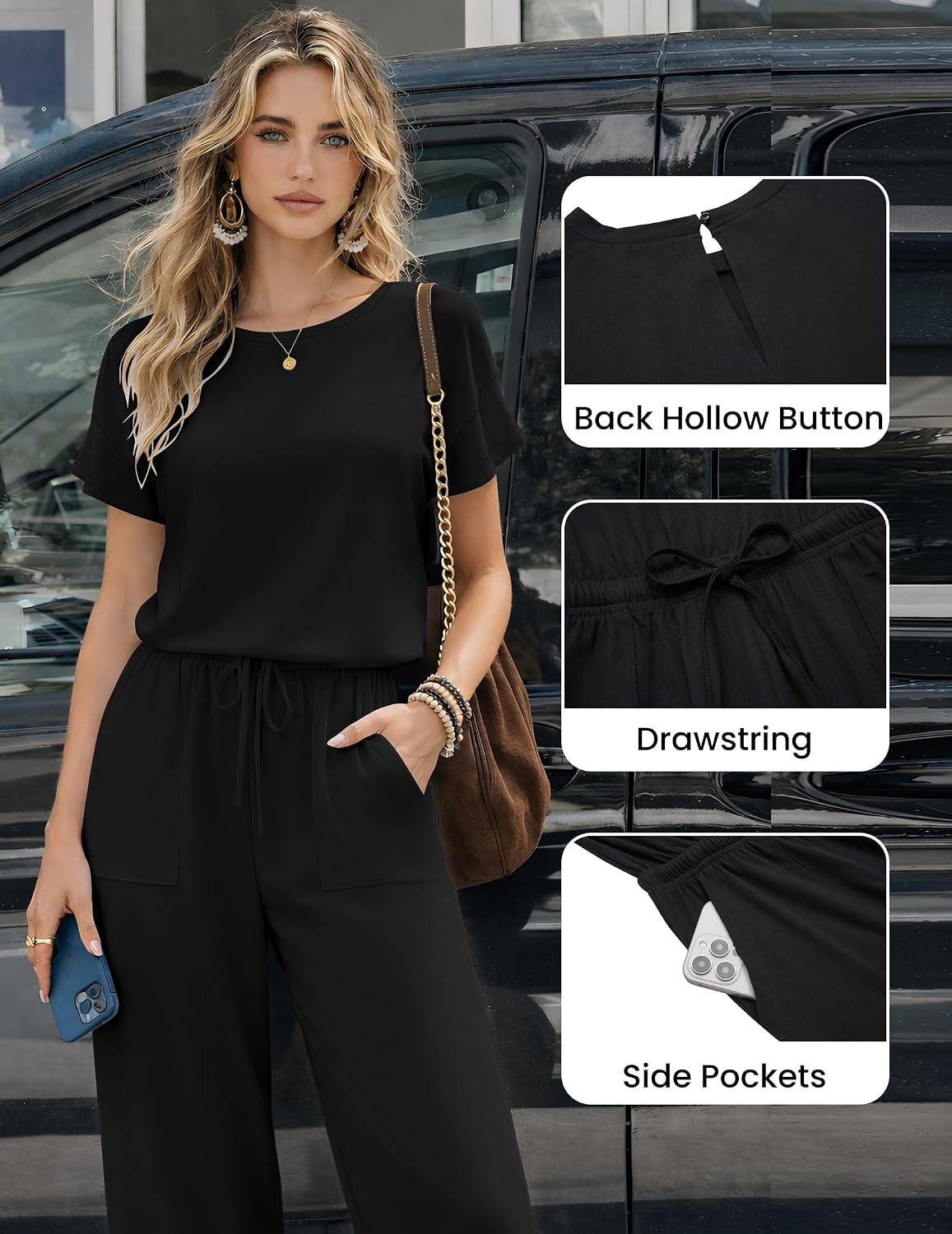 Ekouaer Jumpsuits for Women Casual Dressy Rompers for Women Short Sleeve Crew Neck One Piece Summer Jumpsuit Outfits Clothes