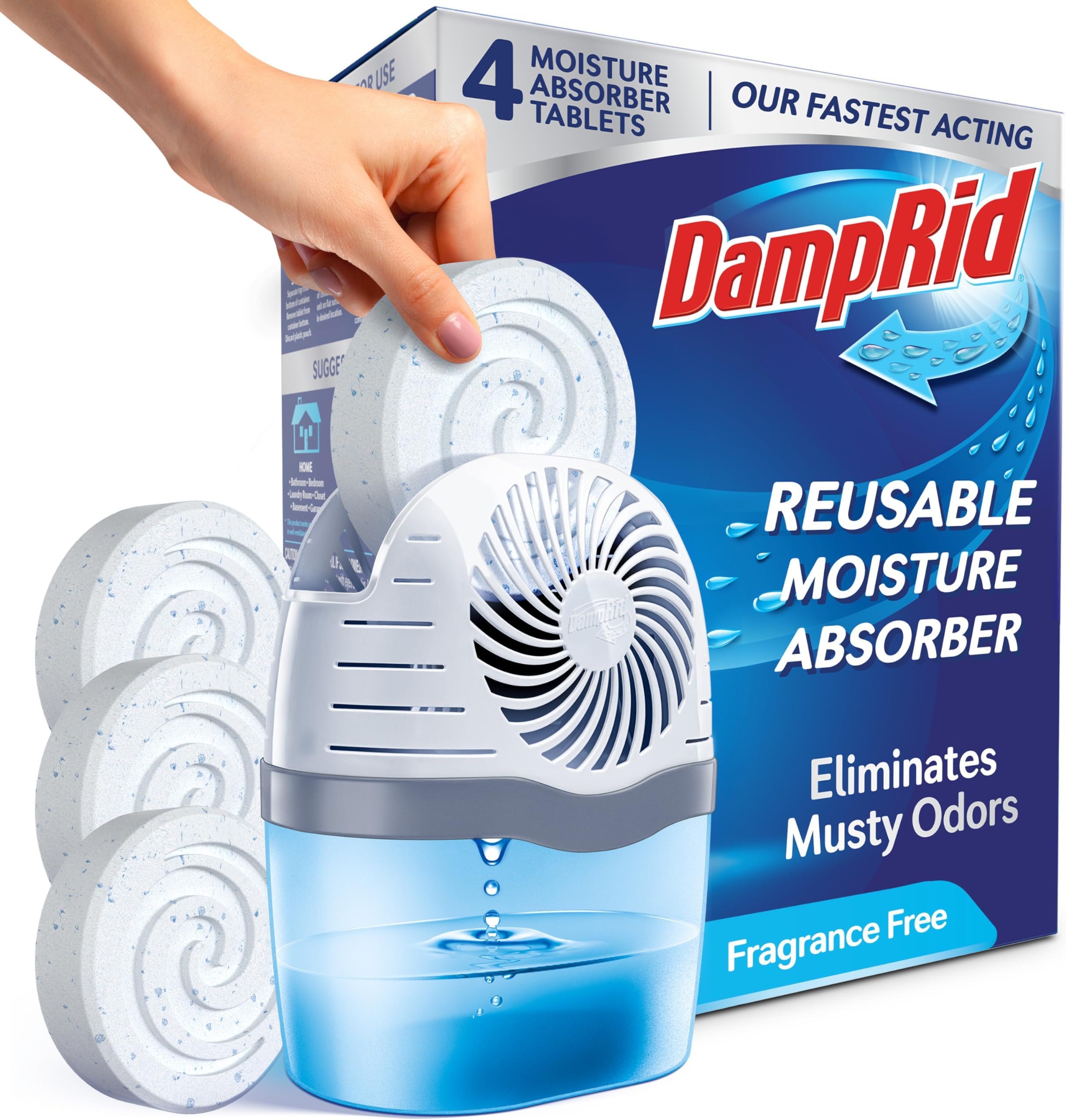 Reusable Moisture Absorber with 4 Drop-In Tablets, Fragrance Free, 15.8 oz., Attract and Trap Excess Moisture & Eliminate Musty Odors for Cleaner, Fresher Air