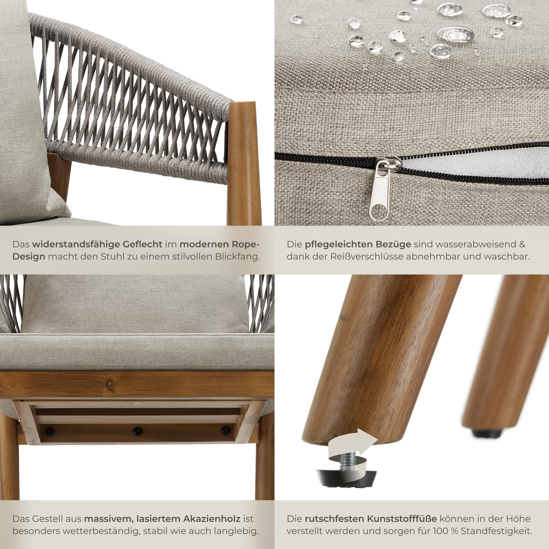tectake® Gartenmöbel Set, Gartenstuhl Holz Rope Design, Balkon Sessel, Outdoor Möbel, Gartenstühle, Balkonmöbel, Terrassenmöbel, Wintergarten, Sitzgruppe Outdoor, Balkonstühle - Greige, 4er Set