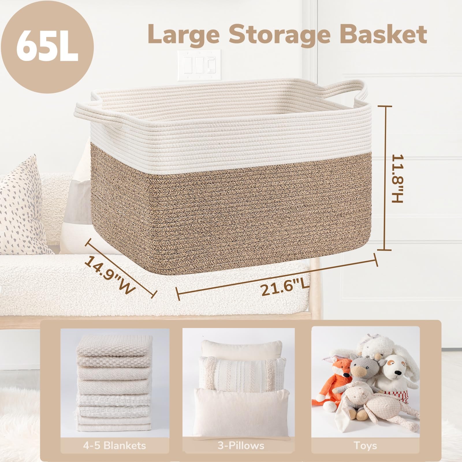 TIMEYARD Cestino per la biancheria, pieghevole, per giocattoli, Square Laundry Baskets, cestino per coperte, cuscini, cestino per gli ospiti, 65 l, bianco e marrone