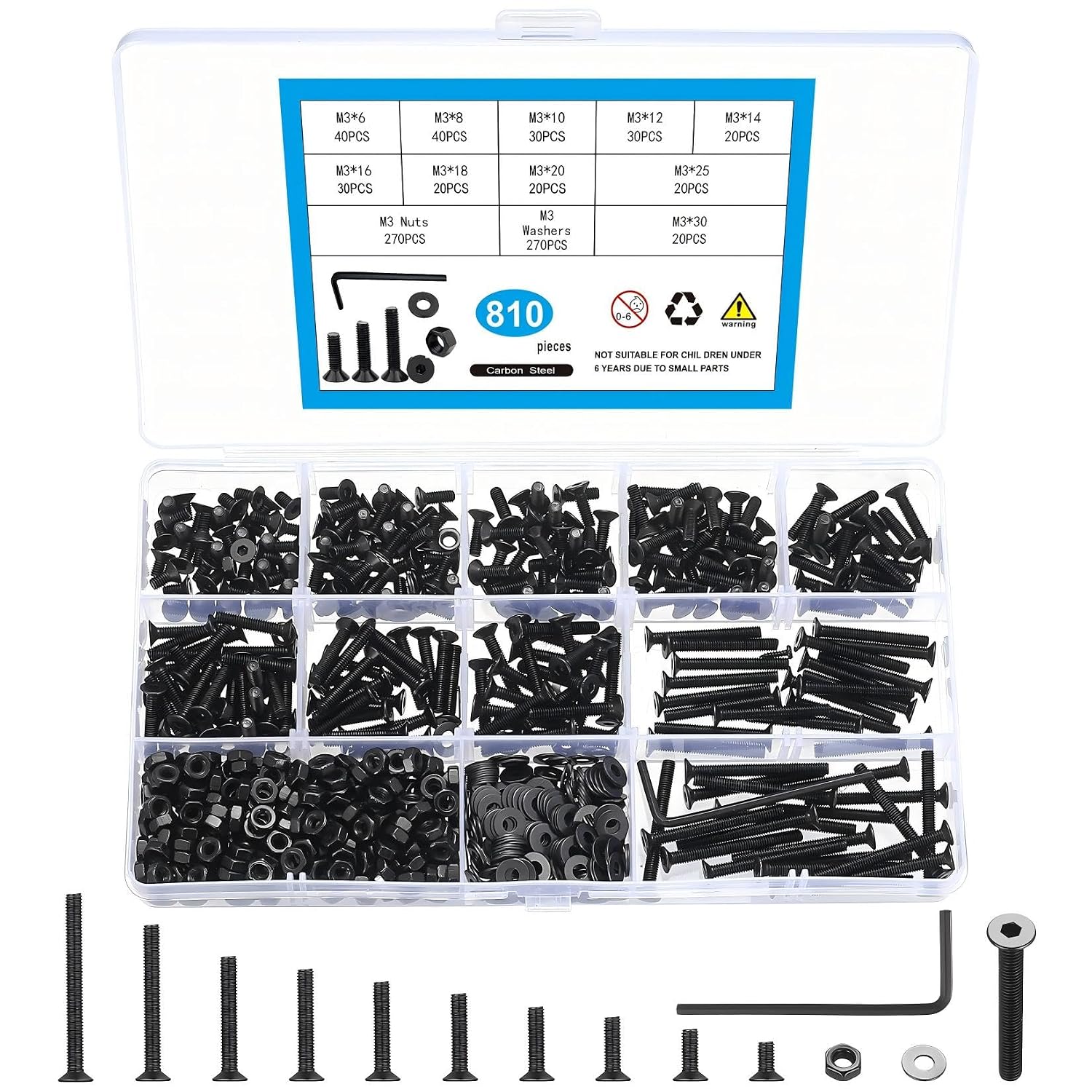 810 Pcs M3 Metric Screw Assortment, Flat Head Machine Screw Assortment Kit, Countersunk Hex Socket Cap Screws Set with Washers, Countersunk Bolts and Nuts Set with Wrench(Black)