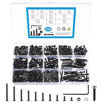 810 Pcs M3 Metric Screw Assortment, Flat Head Machine Screw Assortment Kit, Countersunk Hex Socket Cap Screws Set with Washers, Countersunk Bolts and Nuts Set with WrenchBlack