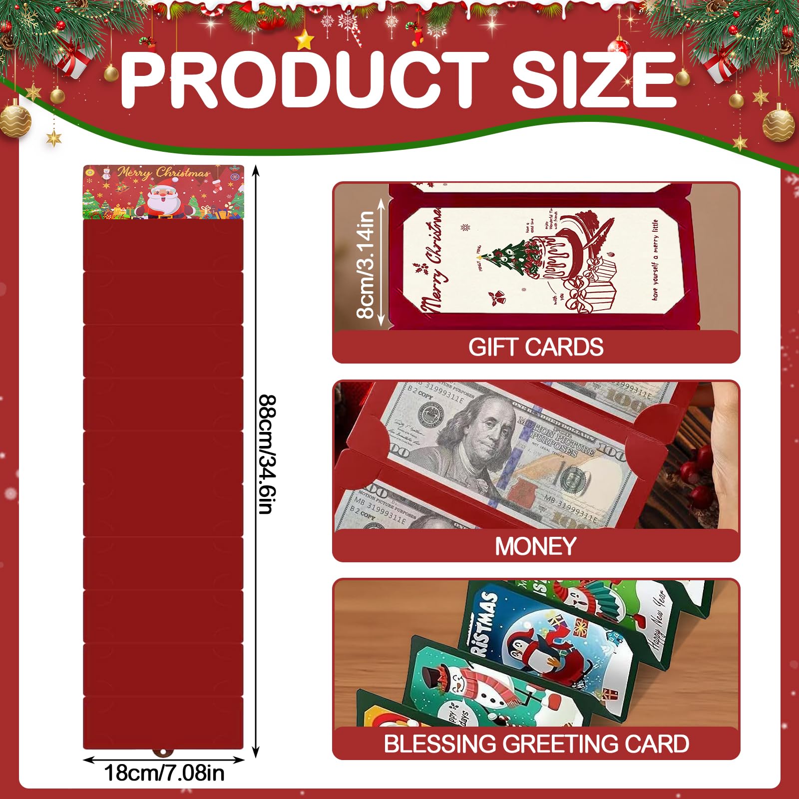 Lot de 3 porte-billets de Noël ou de cartes cadeaux, porte-monnaie pour surprise de Noël, avec 10 compartiments, convient pour la famille et les amis (rouge, bleu et vert)