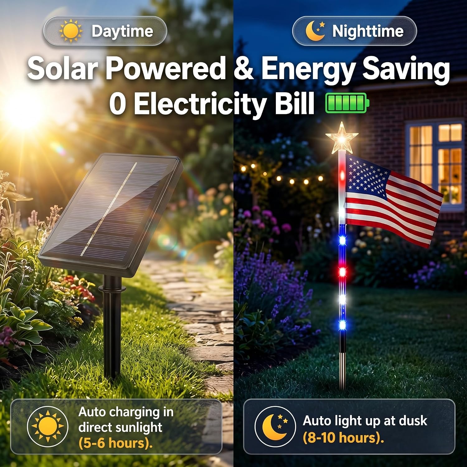 Allcros Freedom Path Lights, 1-to-8 Solar American Flag Pathway Stake Lights with 8 Modes, 4th of July Red White and Blue Star Solar Lights, Waterproof Bright Patriotic Pathway Lights (8PCS)