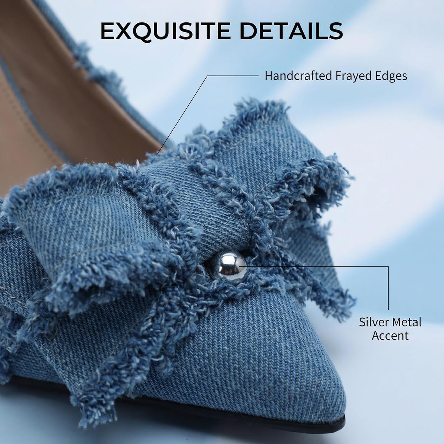 Women's Denim Fringe Pumps, Pointed Toe Stiletto Heels with Bow Accent for Casual & Dressy Occasions Suitable for Evening Parties
