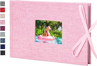 Vienrose Photo Album 4x6 50 Pockets Linen Frame Cover with Memo Areas Photobook Mini Slip-in Picture Book for Wedding Baby Vacation, Pink