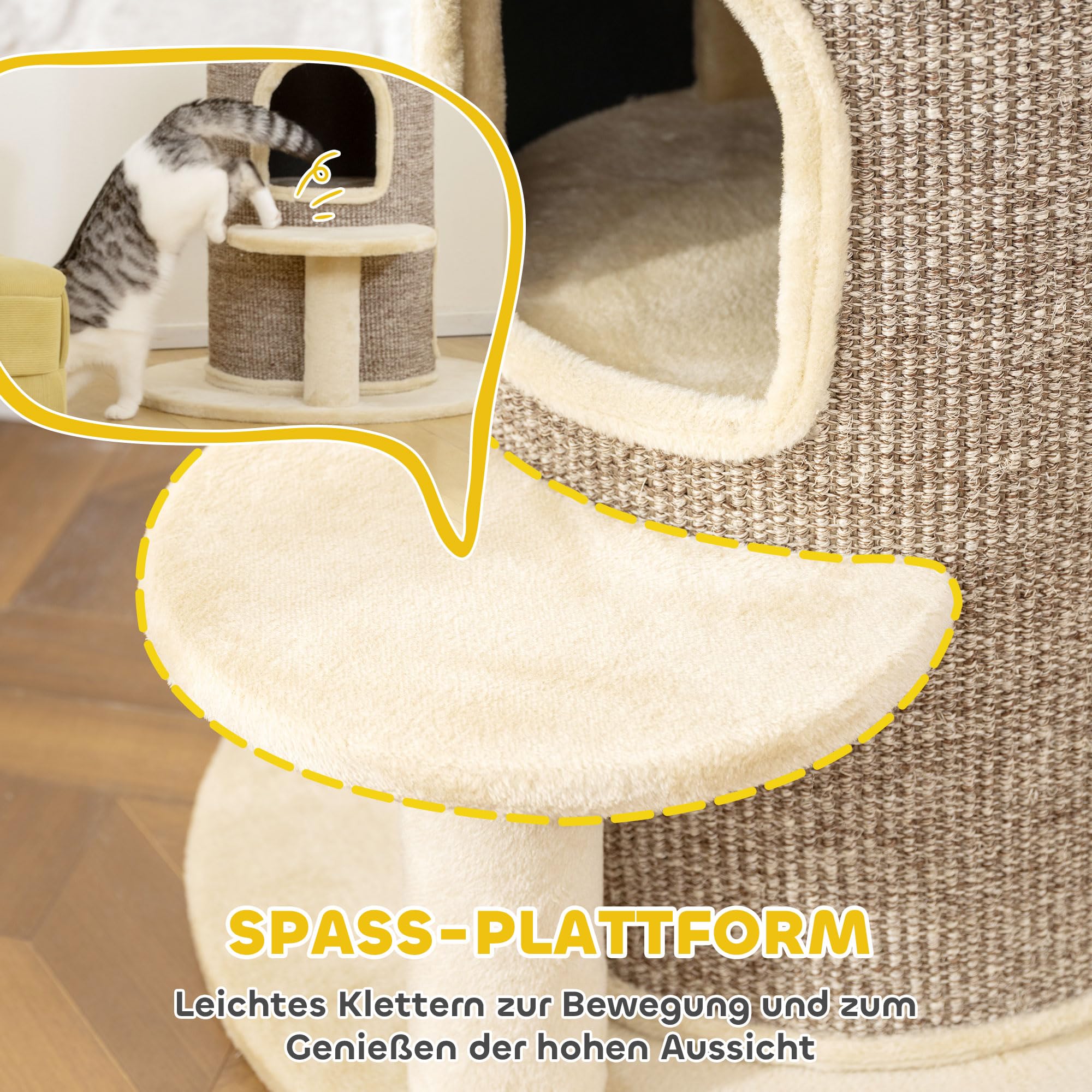 PawHut Kratztonne für Katzen, 61 cm Hoch Katzentonne mit 2 Höhlen, Kratzbaum mit Sprungplattform, Katzenturm aus Sisal, Plüsch, für kleine Katzen Beige