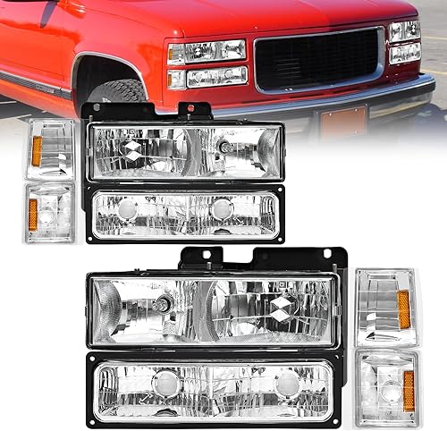 Ensamble de faros AS Compatible con 1994 1995 1996 1997 1998 GMC C10 Pick Up Sierra Suburban Yukon Carcasa cromada con reflector ámbar Reemplazo de
