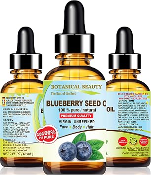 Botanical Beauty Blueberry Seed Oil 100% Pure Natural Virgin Unrefined Cold Pressed 2 Fl. Oz.- 60 ml for FACE, Skin, Body, Hair, Nails, Anti-Aging