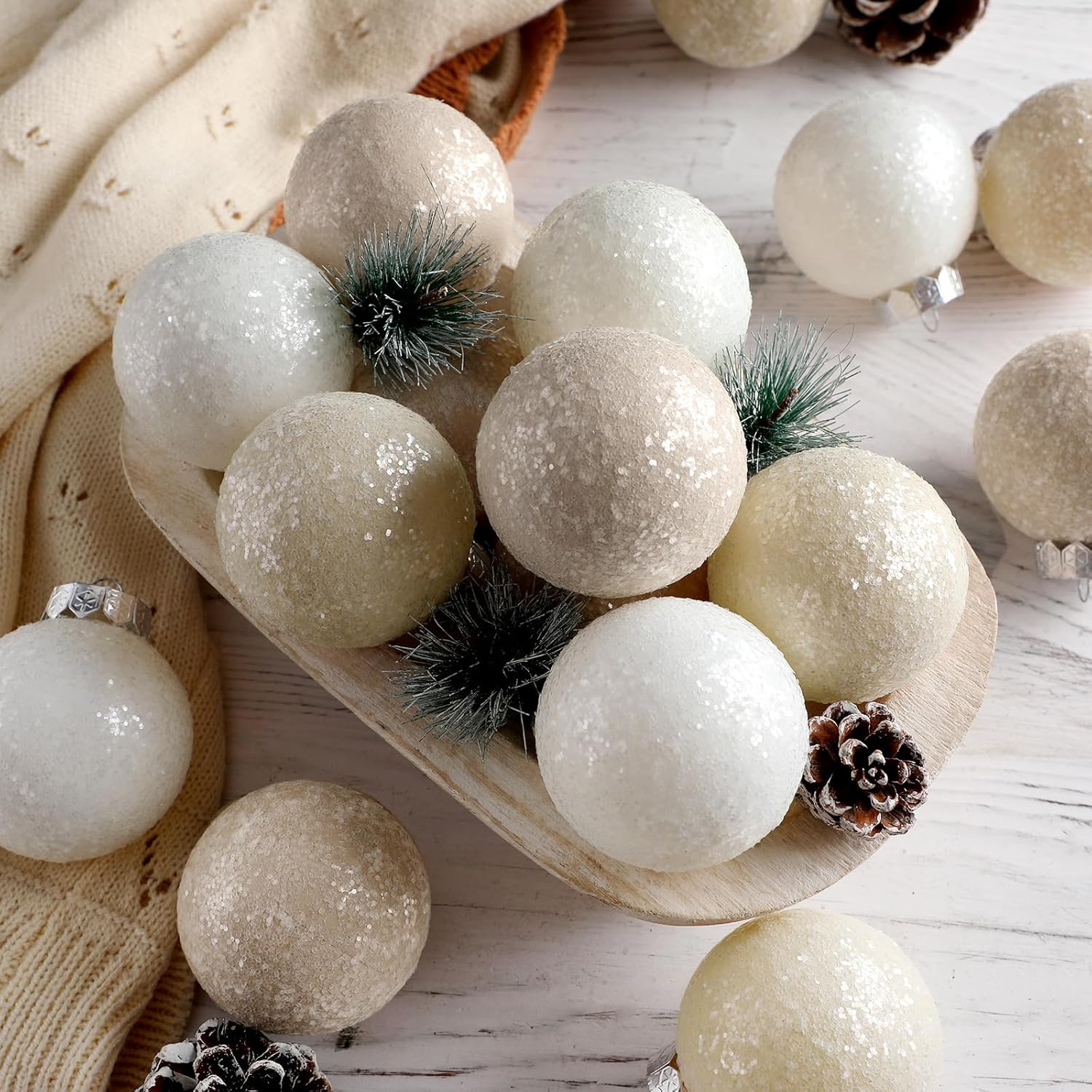 12 Pcs Neutral Textured Christmas Ball Ornaments 3.15 Inch Glitter Sugar Matte Cream Beige White Xmas Bulbs with Flocked Velvet Ribbon Rustic Xmas Elegant Modern Christmas Decor for Tree