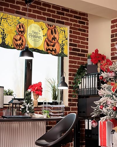 Miniatura 4 de Window Valance Curtain for Kitchen, Halloween Pumpkin Bat Branch Castle Moon 42"x12" Rod Pocket Window Treatment Valance Privacy Toppers Drape for