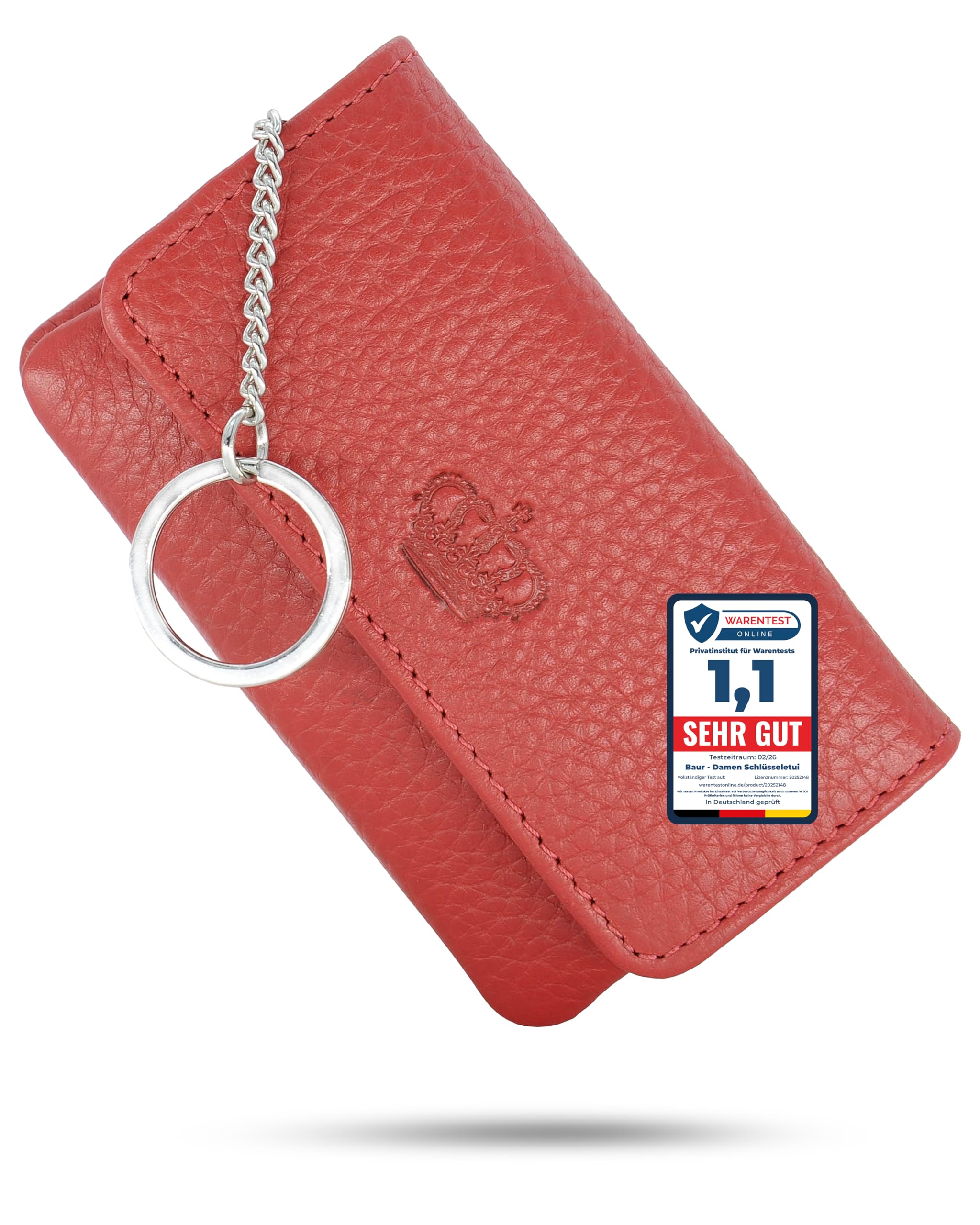 Baur Étui à clés Femme en Cuir véritable – Porte-clés avec Anneau métallique et Fermeture à Pression – Petit Porte-Monnaie zippé pour Billets, pièces et Cartes (Rouge)
