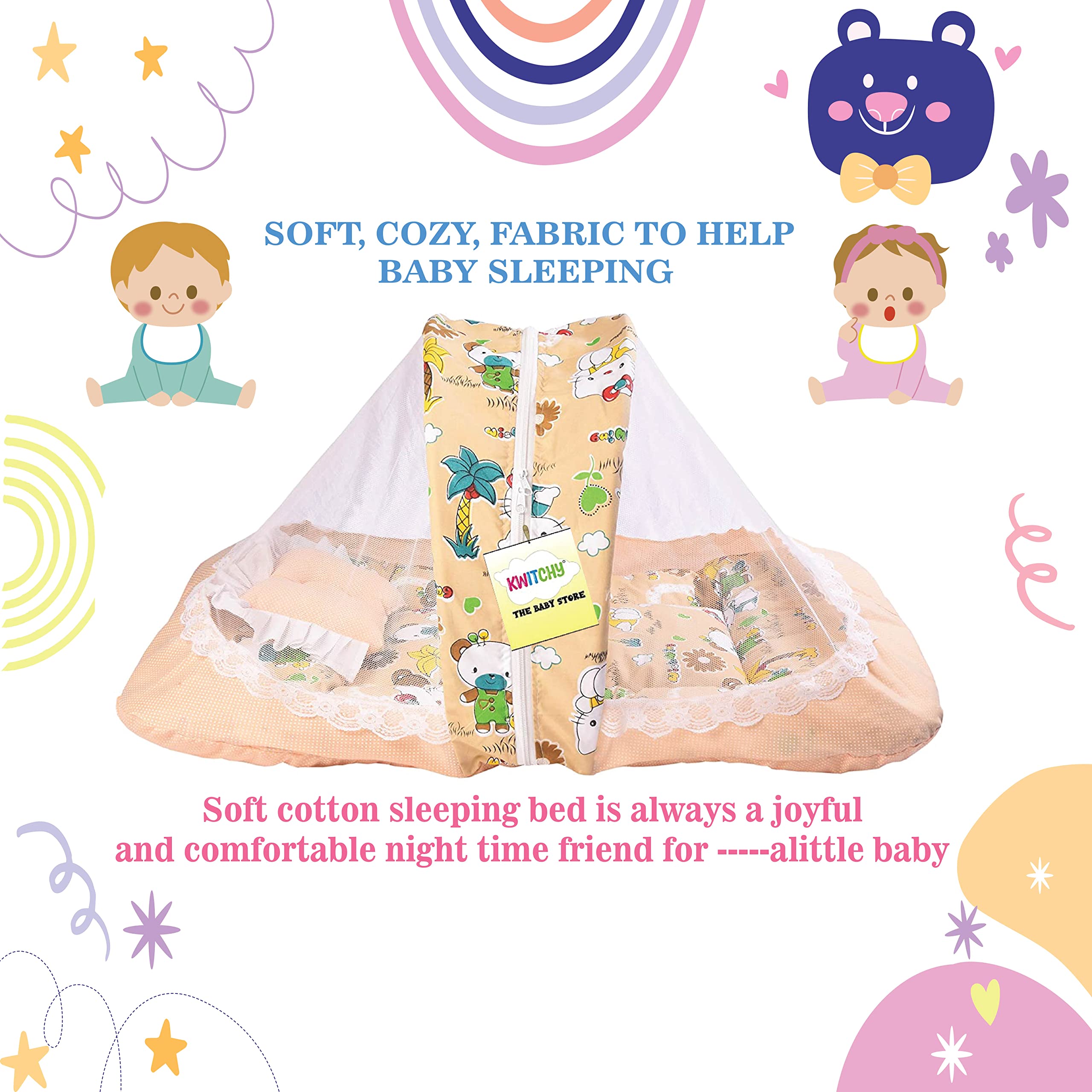 Kwitchy Baby Bed New Born Baby Bedding Set|Mosquito Net|Mattress|Cotton|Zip Closure|Printed|Products All|Infants|Boys&Girls|Gifts 3