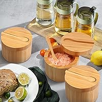 Vista 8 de HTB Salero de bambú con cuchara mini, caja de sal de cocina con tapa de cierre magnético giratoria, recipiente redondo de sal para guardar pimienta