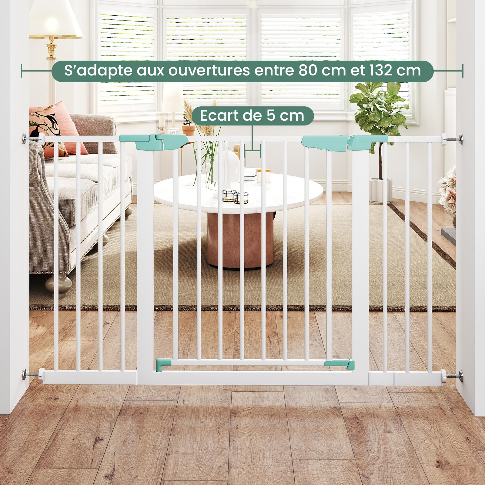 DREAMADE Barriere de Securite Enfant et Animaux sans Perçage 80-132CM avec Extension et Kit de Montage,Barrière d'Escalier à Fixation par Pression avec Fermeture Automatique,Cadre Métal (Blanc)